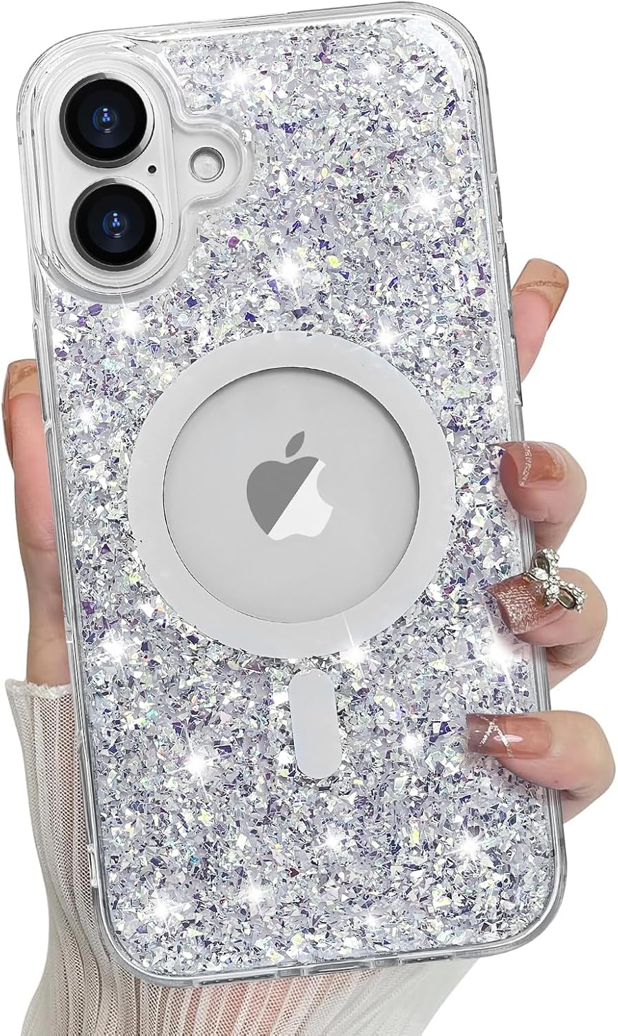 Bonoma for iPhone 16 Plus Case Sparkly Glitter Bling Back, Magnetic Support for MagSafe Shockproof, Crystal and Clear High-Duty Protection for Girls Women-Glitter Crystal