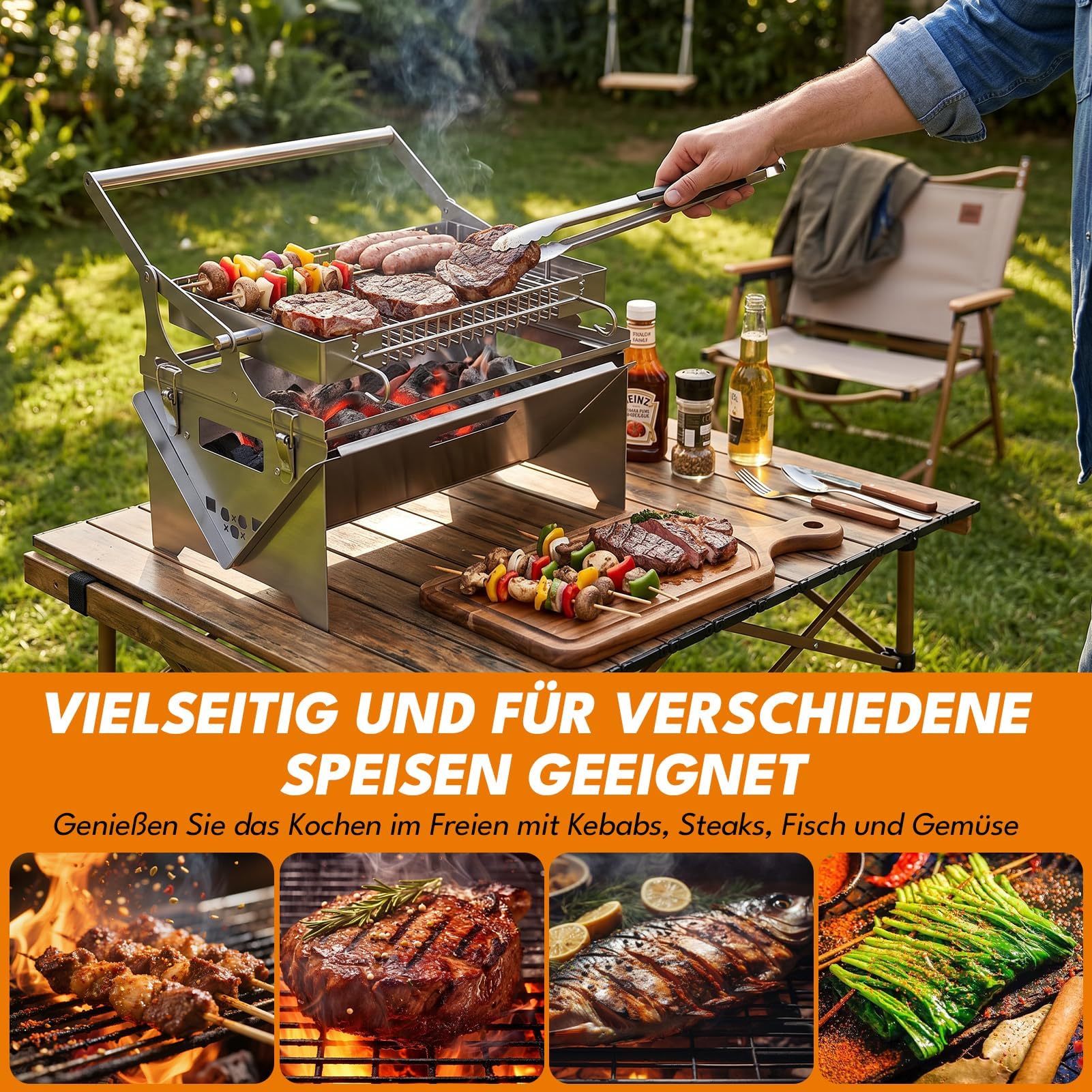 parrilla barbacoa de gas, 2 en 1 portátil barbacoa carbon de gas carbon y leña con rejilla reversible, parrilla pescado de acero inoxidable para camping, plegable para balcón, rejilla girat