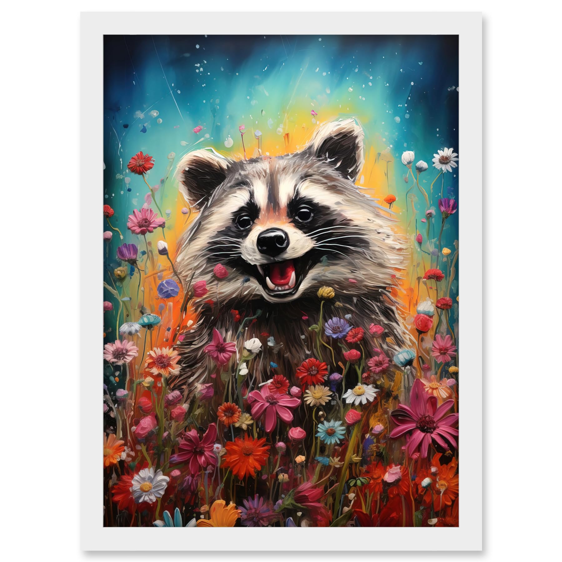 Artery8 Gleeful Racoon Quirky Portrait Spring Makes Everything Better Oil Painting Kids Bedroom Blooming Wildflower Meadow Artwork Framed A3 Wall Art Print