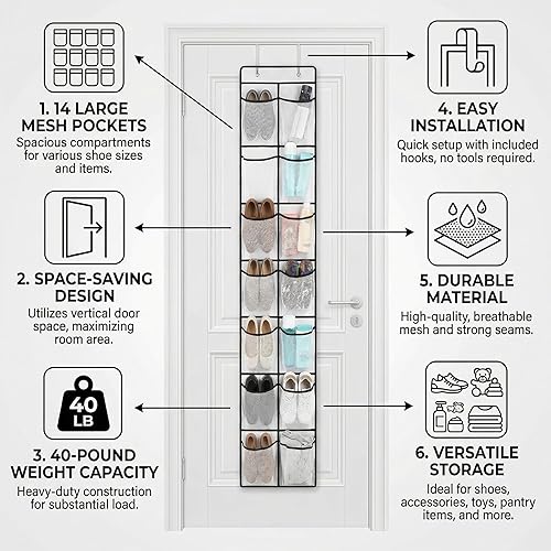 Miniatura 7 de Organizador de zapatos sobre la puerta con 14 bolsillos grandes de malla, almacenamiento colgante que ahorra espacio para zapatos y accesorios,