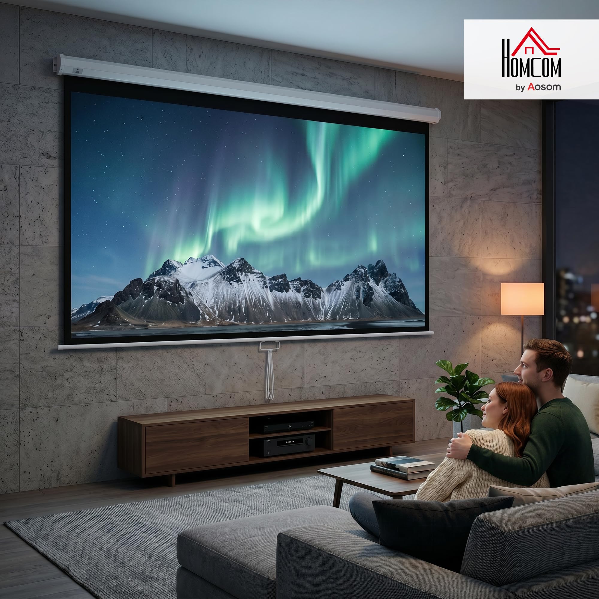 HOMCOM Pantalla de Proyector Manual 100 Pulgadas Pantalla de Proyección Portátil Formato 16:9 con Altura Ajustable para Interior y Exterior Cine en Casa Patio 221x124 cm Blanco