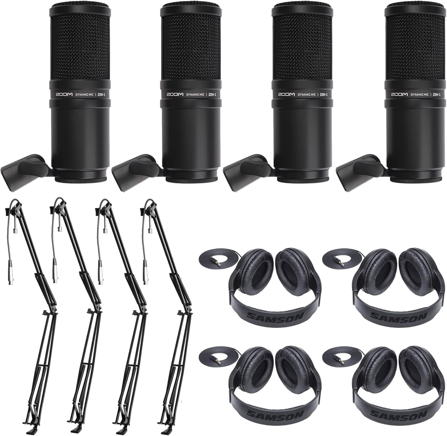 Zoom ZDM-1 Dynamic Microphone + On Stage Broadcast/Webcast Boom Arm + Stereo Headphones + Cleaning Cloth (4 Person Mic Bundle)