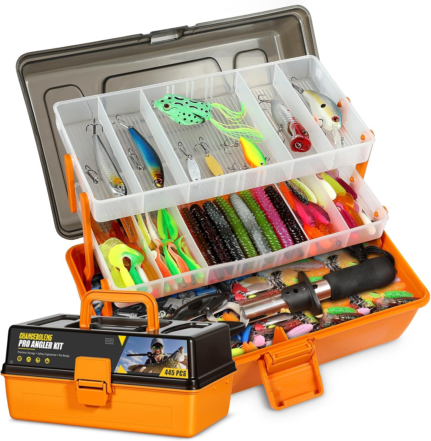 445Pcs Fishing Lures Kit Large 3-Layer Tackle Box whit Tackle，Pliers, Crankbait, Hooks, Weights & Accessories Complete Freshwater Bass Fishing Gift for Men Fishing Enthusiast
