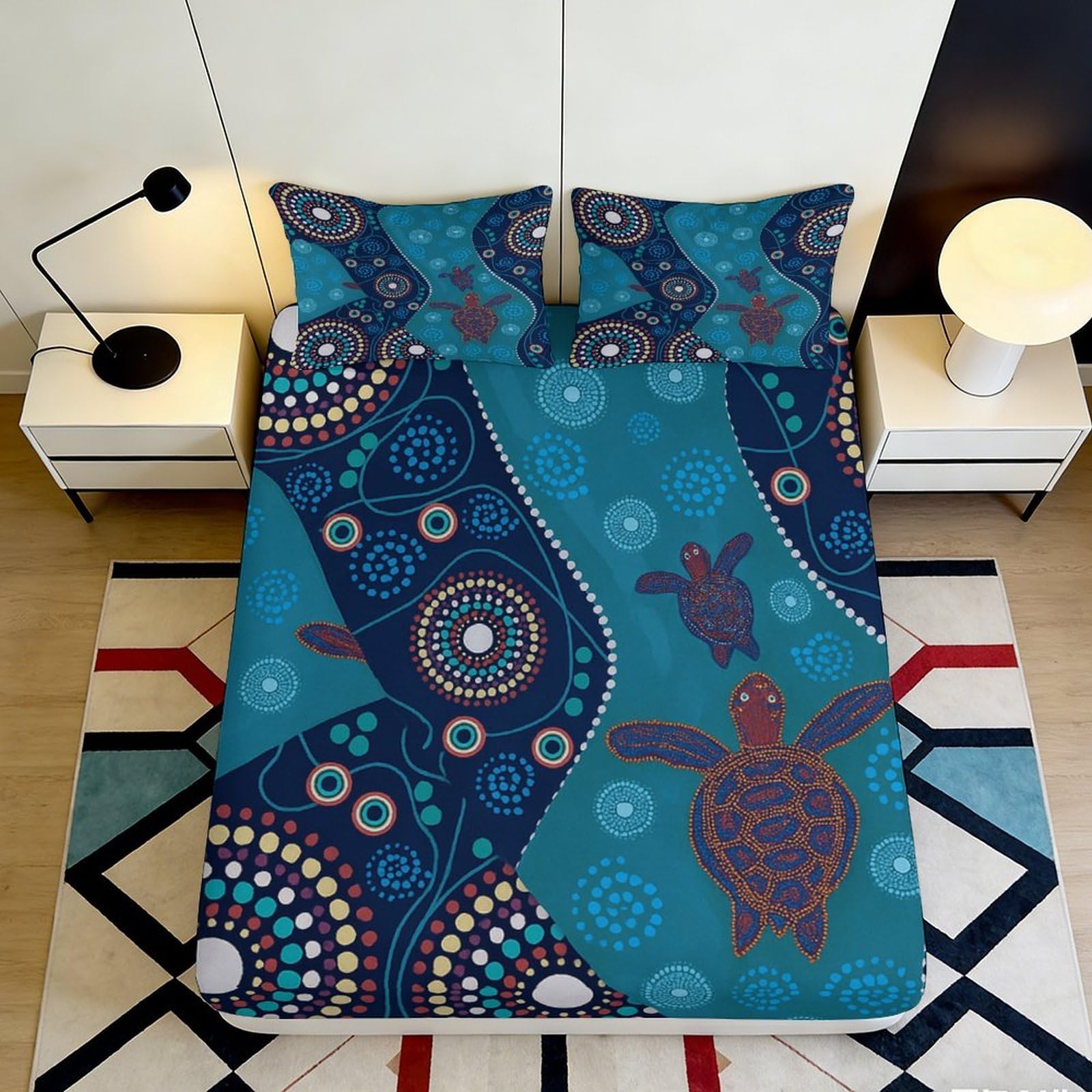 3D Printed Ocean Turtle Fitted Sheet Microfiber Anti-Slip Abstract Dots Mattress Cover for Bedroom Guest Room Decor 140x200x25cm
