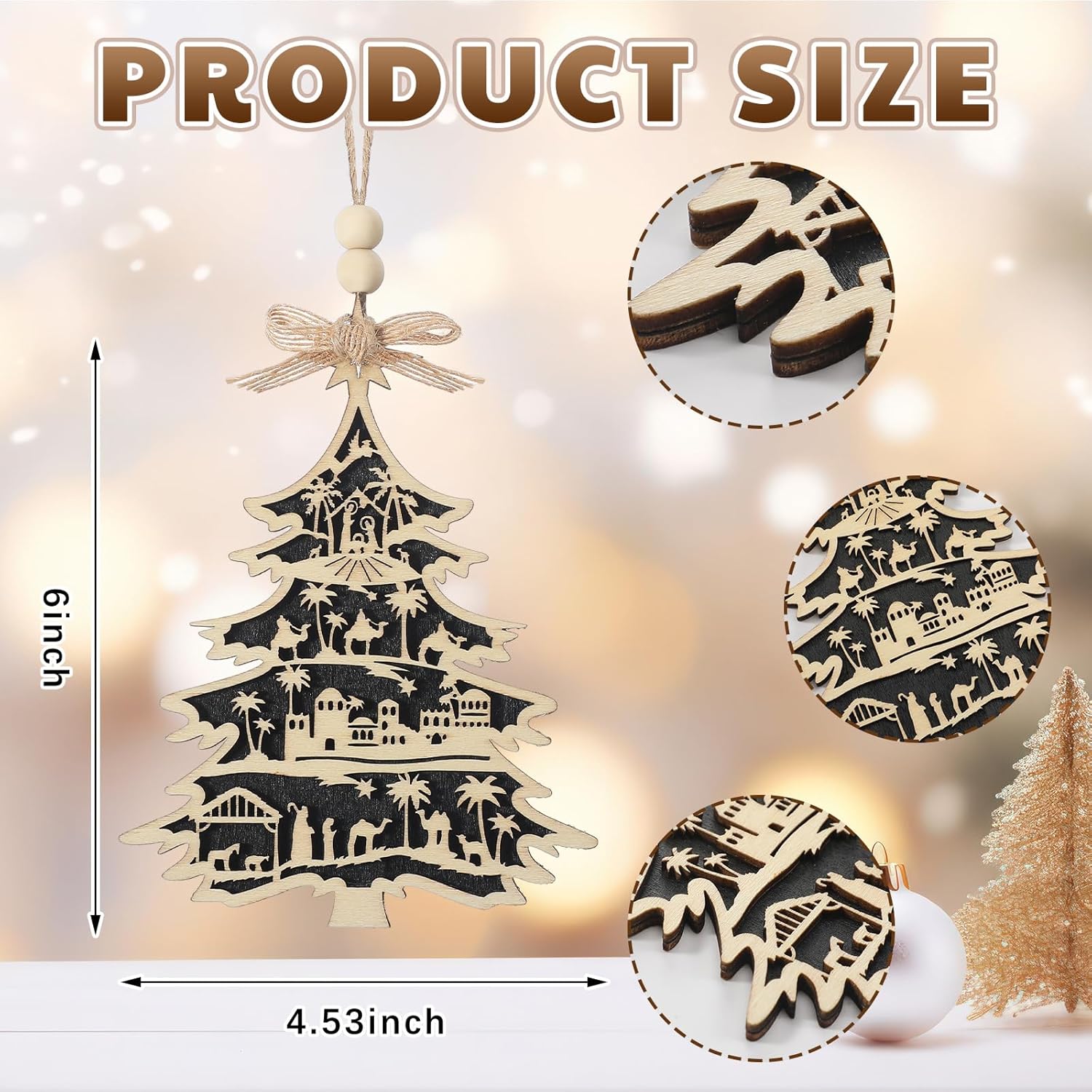 24 Pcs Large Christmas Nativity Scene Ornaments 6'' Jesus Wooden Hanging Ornaments Vintage 3D Wooden Decoration for Xmas Tree, Birth of Jesus Xmas Tree Holiday Party Decor