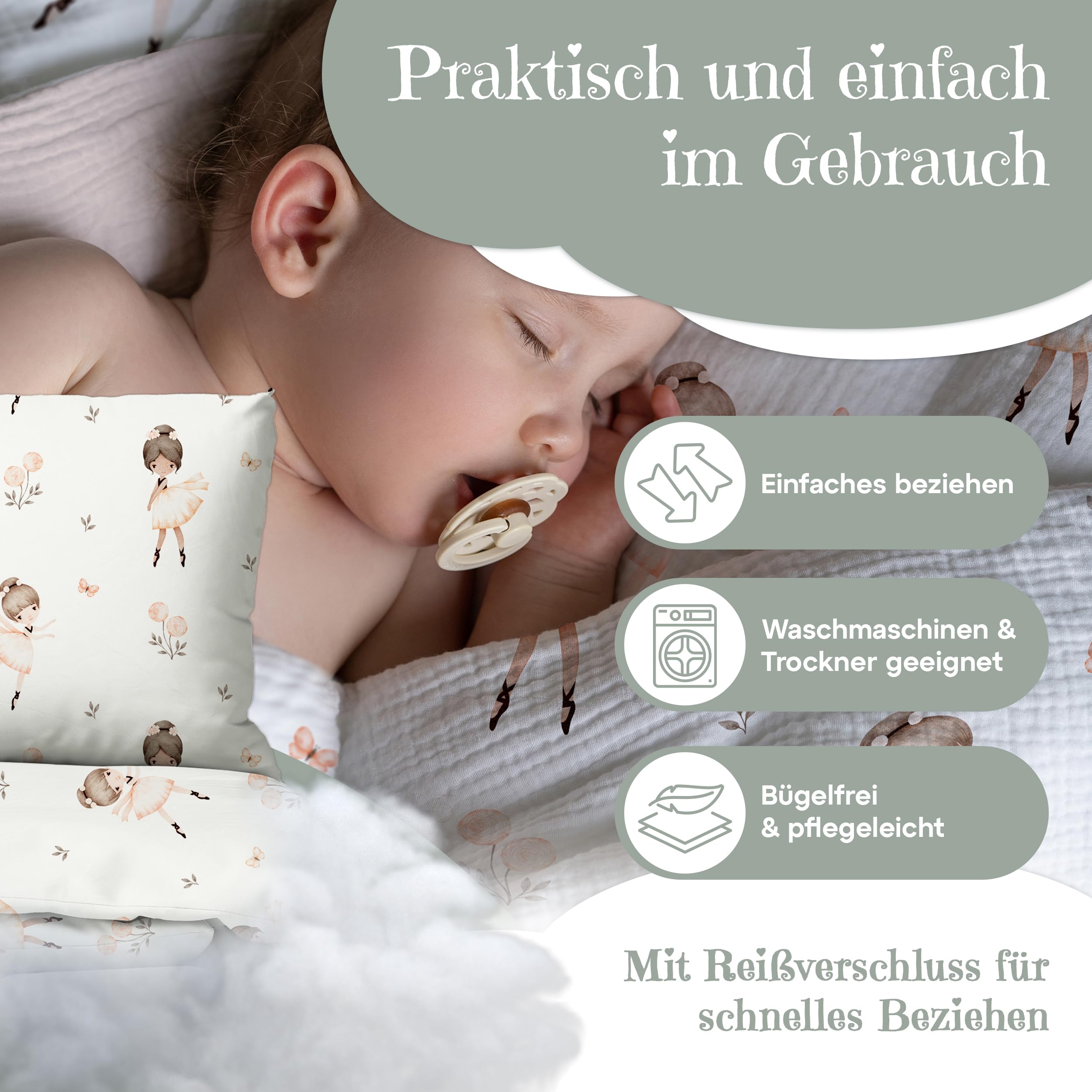 Premium Bettwäsche 135x200 für Kinder (Ballerinas) - Flauschige Musselin aus Baumwolle - Oeko-TEX zertifizierte Premium Kinderstoffe