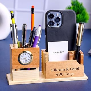 Deskart Customized Multipurpose Pen Holder Stand | Premium Wooden Desk Organizer with Clock, Business Visiting Card and Mo Price In India