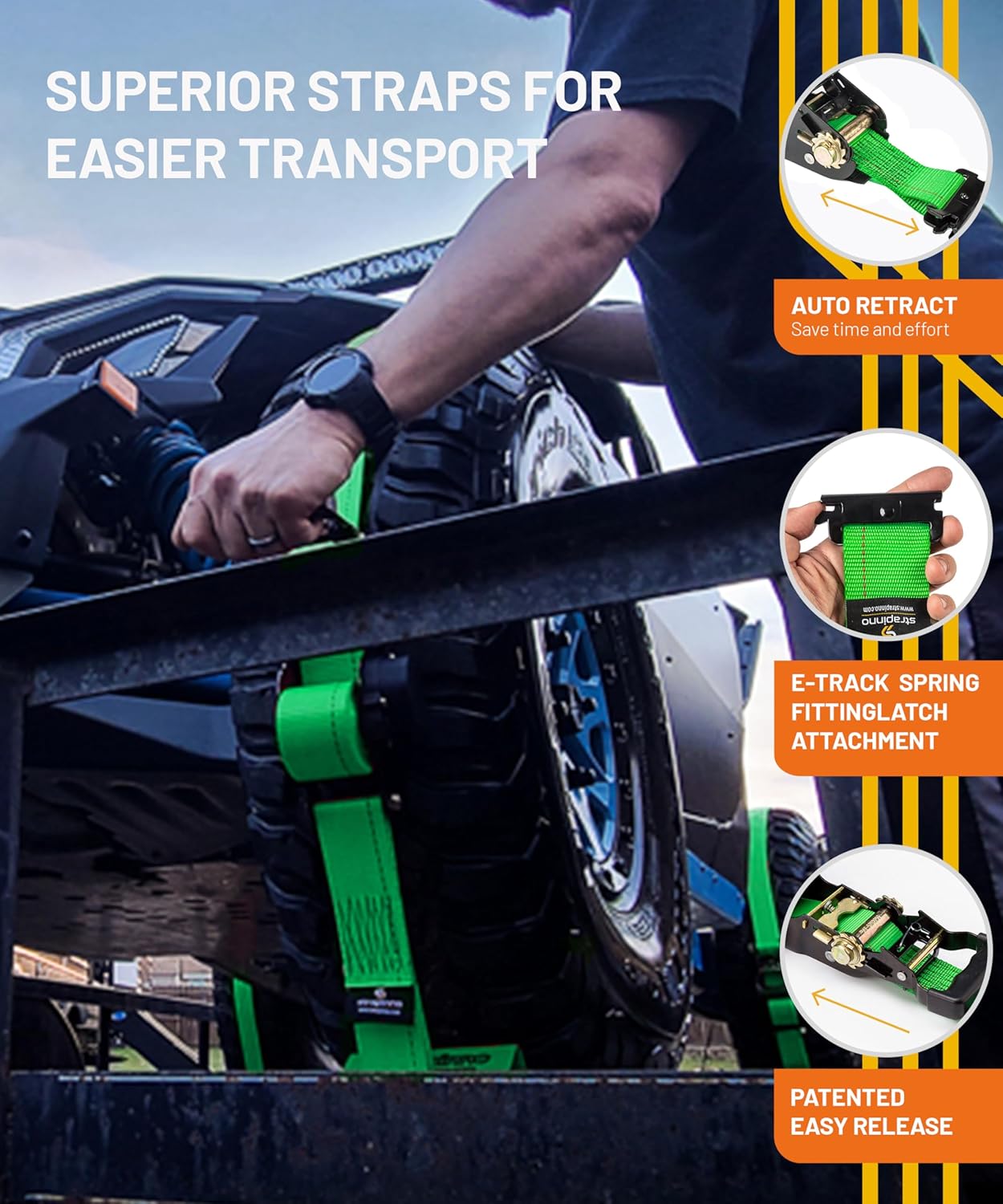 Strapinno E-Track Retractable Ratchet Tie-Down Straps - 2 in x 15 ft Heavy Duty Ratchet Strap with 4,500lbs Breaking Strength for E-Track Rails, Enclosed Trailer & Van (2 PCs)