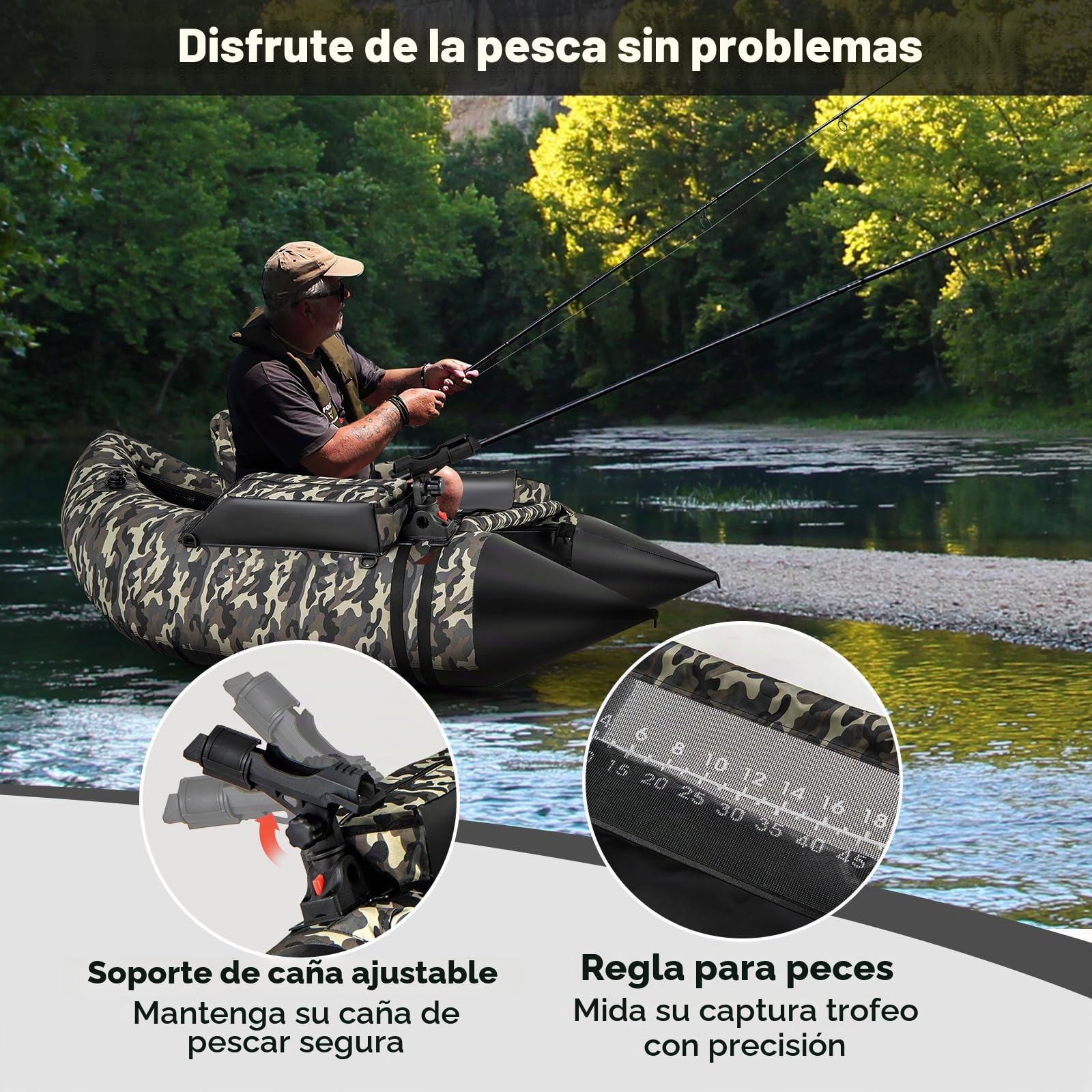 GYMAX Bote de Pesca Hinchable en Forma de V con Soporte para Caña, Almacenamiento de Equipo, Delantal de Pelado, Barco de Pesca con Mosca con Aletas, Remo, Bomba, Camuflaje