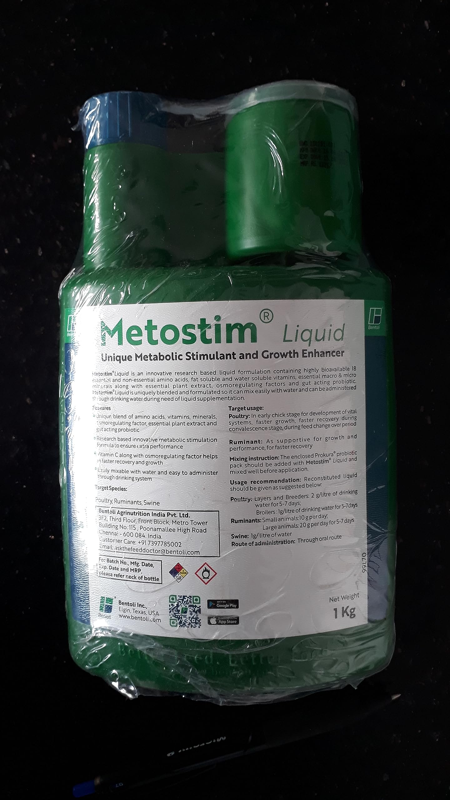 Metostim - 1litre -Non antibiotic Liquid Growth Promoter by Bentoli Sold by Sukadev Animal Care