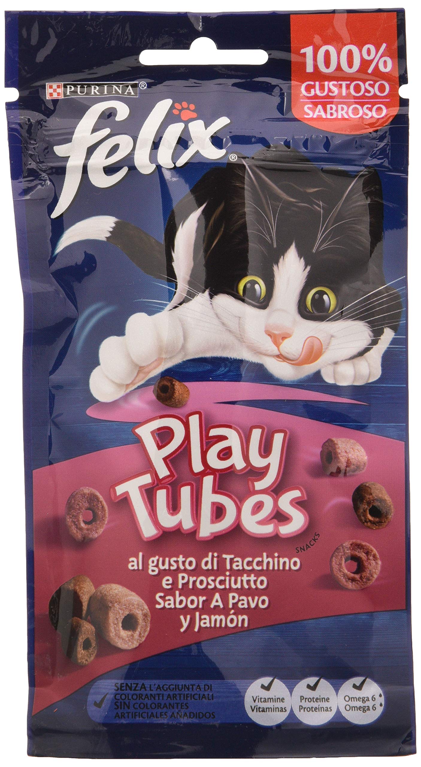 Purina Felix - Snack para Gatos Play Tubes – 8 Paquetes de 50 g para Gatos Adultos – Snack Gato con Pavo y jamón