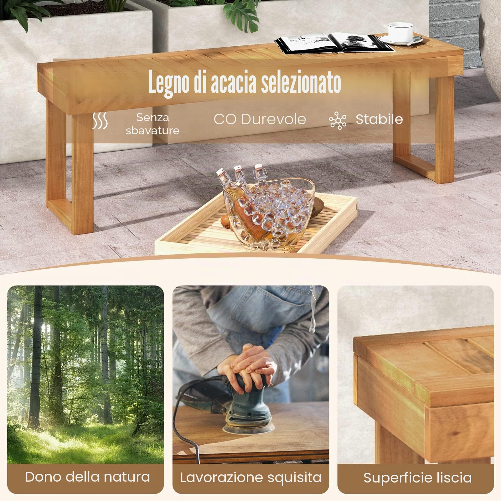 GIANTEX Panchina da Giardino a 3 Posti in Legno Massiccio | Panca Panchetta per Esterno e Interno, Portata Fino a 360 kg, per Giardino, Balcone e Sala da Pranzo