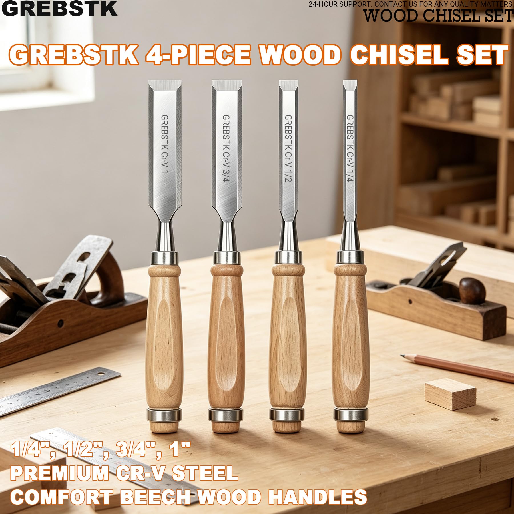 Professionelles Holzmeißel-Werkzeug-Set aus robustem Chrom-Vanadium-Stahl, 4 Stück, 1/4 Zoll, 1/2 Zoll, 3/4 Zoll, 2,5 cm (Oxford-Tasche)