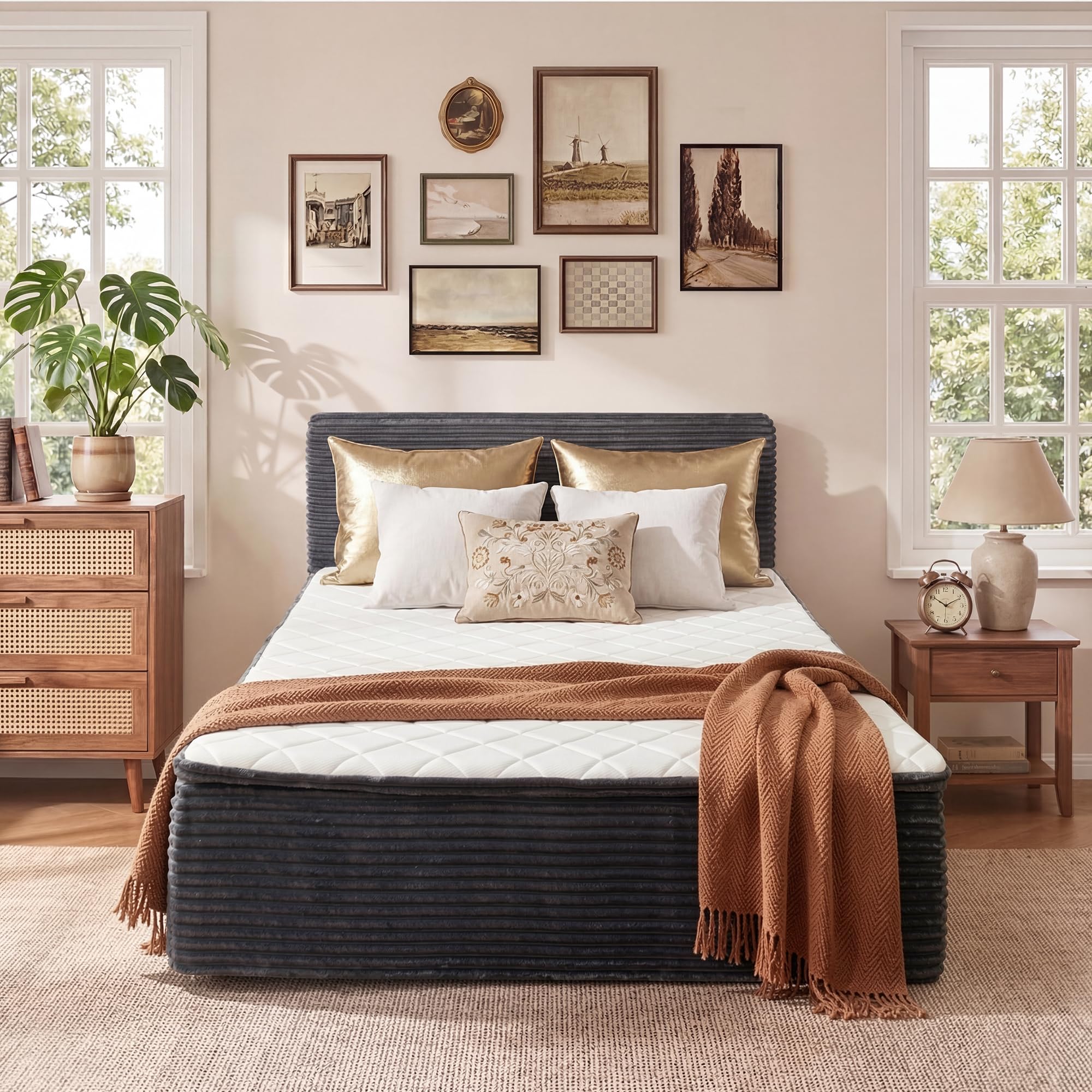 Full Boneless Bed Frame with Mattress, 16 Inch Memory Foam Mattress with Plush Fabric Upholstered Bed Frame Platform, No Assembly Required,Cool Night &amp; Relieve Pressure with Medium Support, Grey