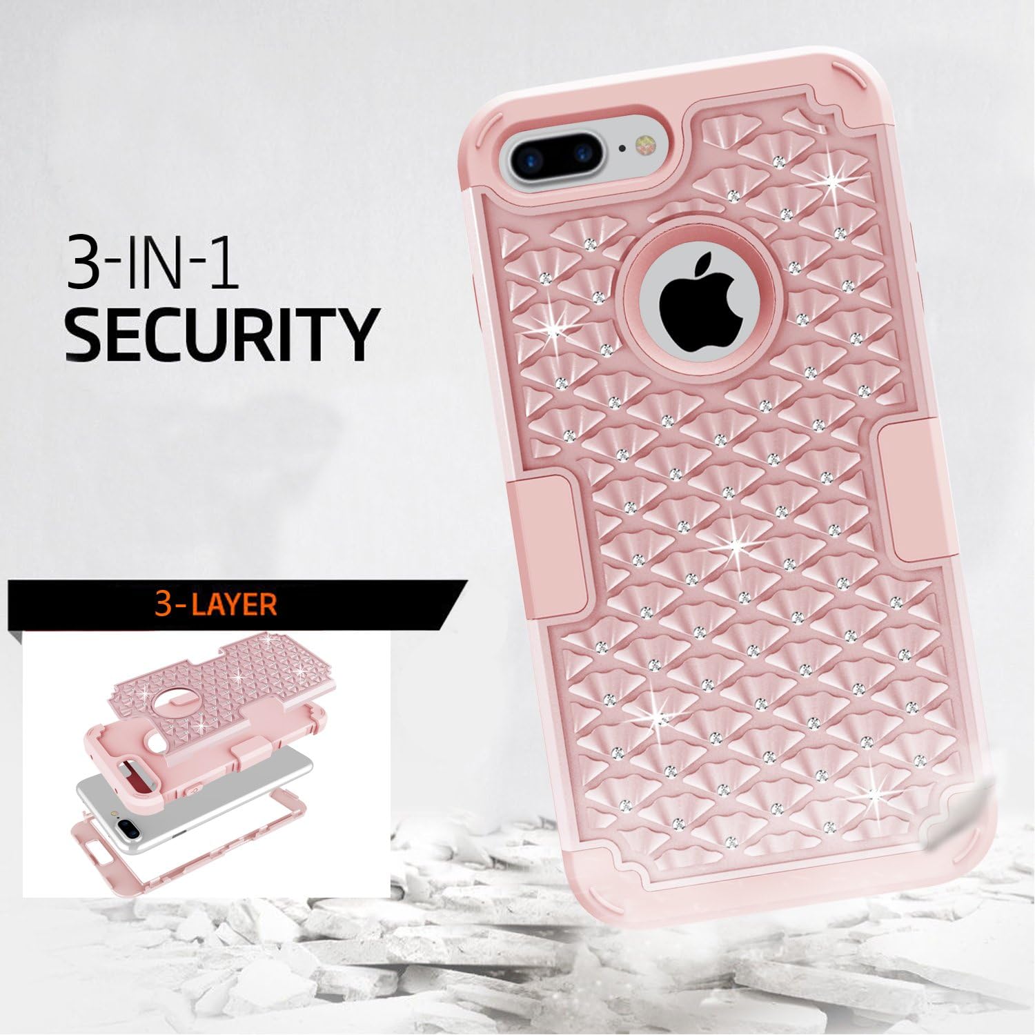 LONTECT iPhone 7 Plus Case Hybrid Heavy Duty Shockproof Diamond Studded Bling Rhinestone Case with Dual Layer [Hard PC+ Soft Silicone] Impact Protection for Apple iPhone 7 Plus - Rose Gold