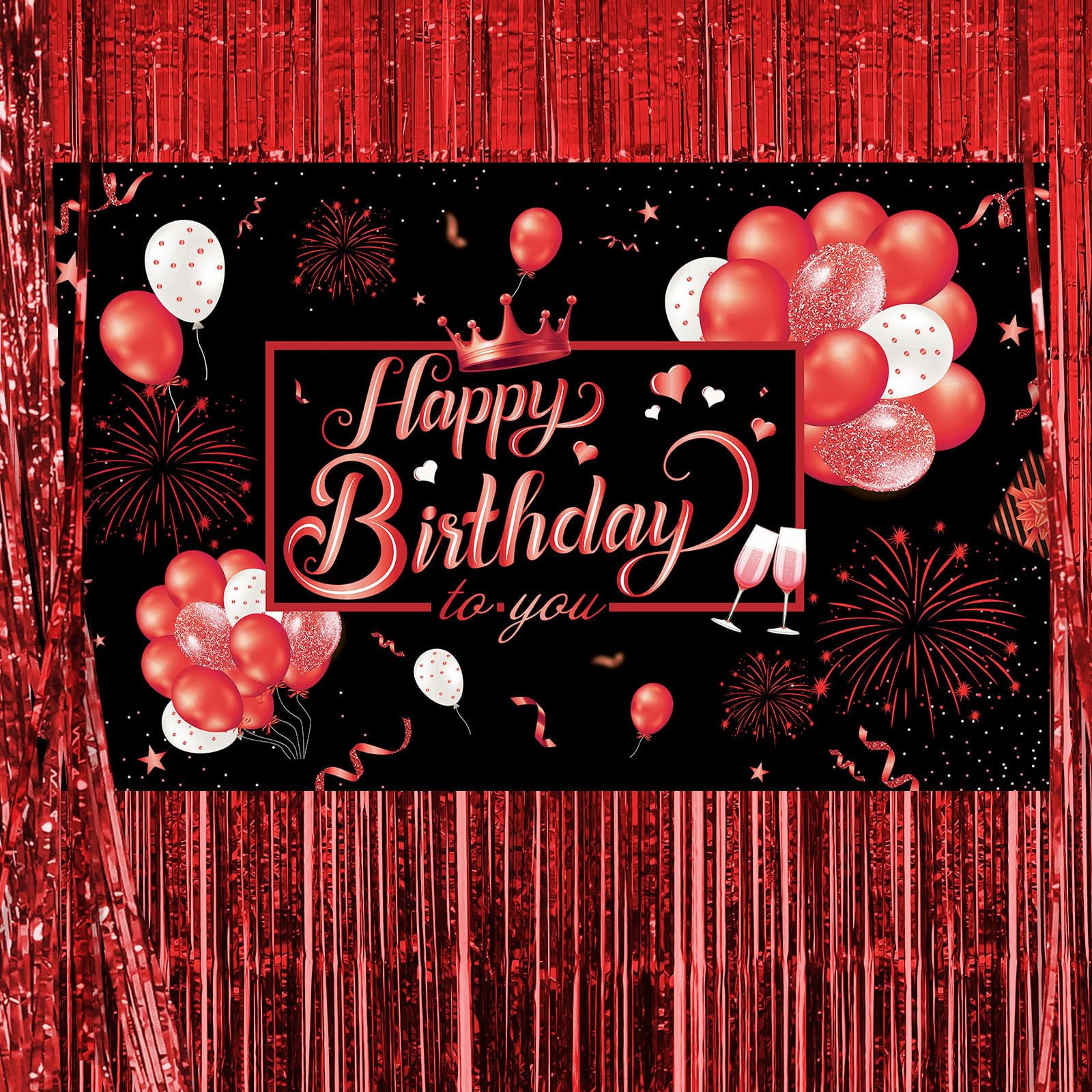 AOYOO Happy Birthday Banner - Large Glitter Fabric Photo Backdrop with Balloon & Fireworks Design for Party Decorations, 72x44 Inch Reusable Black and