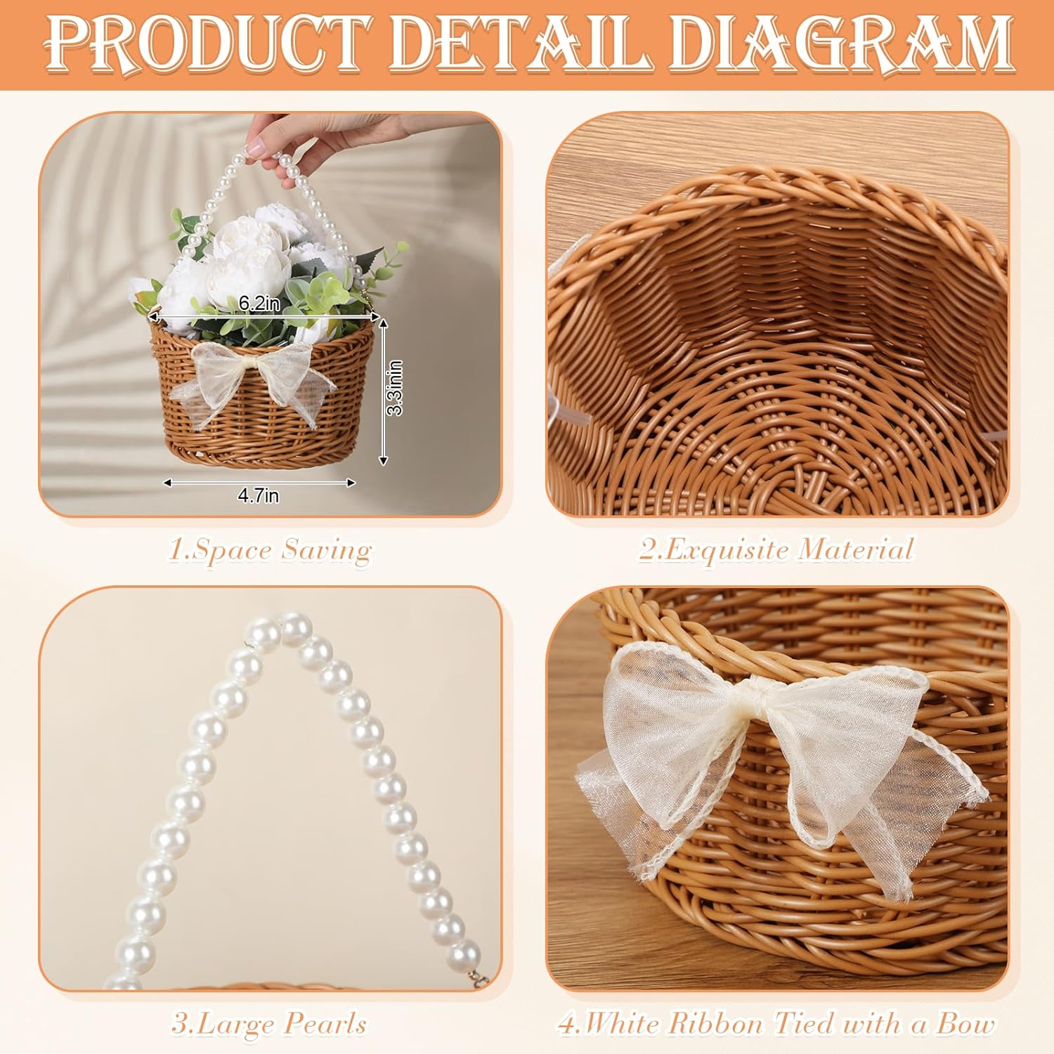 Chunful 6 Sets Small Wicker Rattan Flower Girl Basket 3.3 X6.2 Inch Wicker Basket with Pearl Handle and Bow Woven Eggs Candy Baskets for Garden Storage Home Decor Wedding Engagement