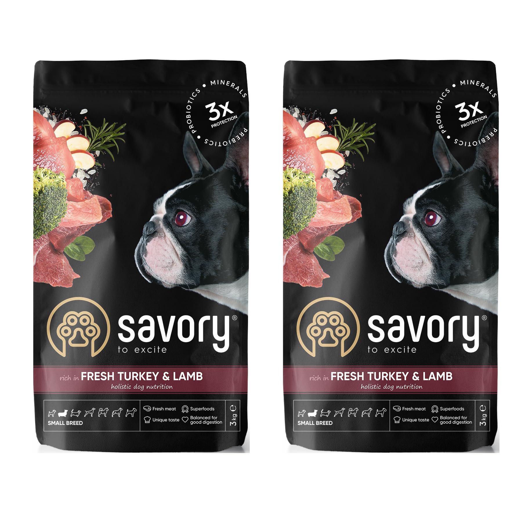Savory - Cibo secco per cani - Razza piccola - Tacchino e agnello freschi - a base di carne fresca essiccata, con Vit. A, D3, E, C - (2 x 3 kg)