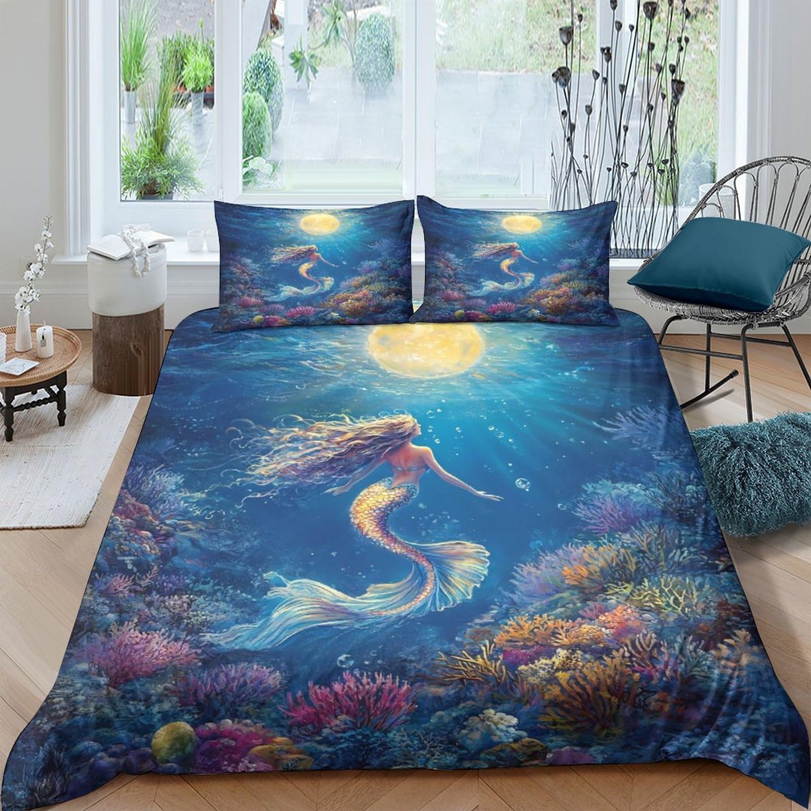 Ctjqhvkz Style-9 3D Printed Mermaid Ocean Fitted Sheet Microfiber Soft Breathable Underwater Fantasy Bed Cover For Bedroom Home Decor Single（135X200cm）