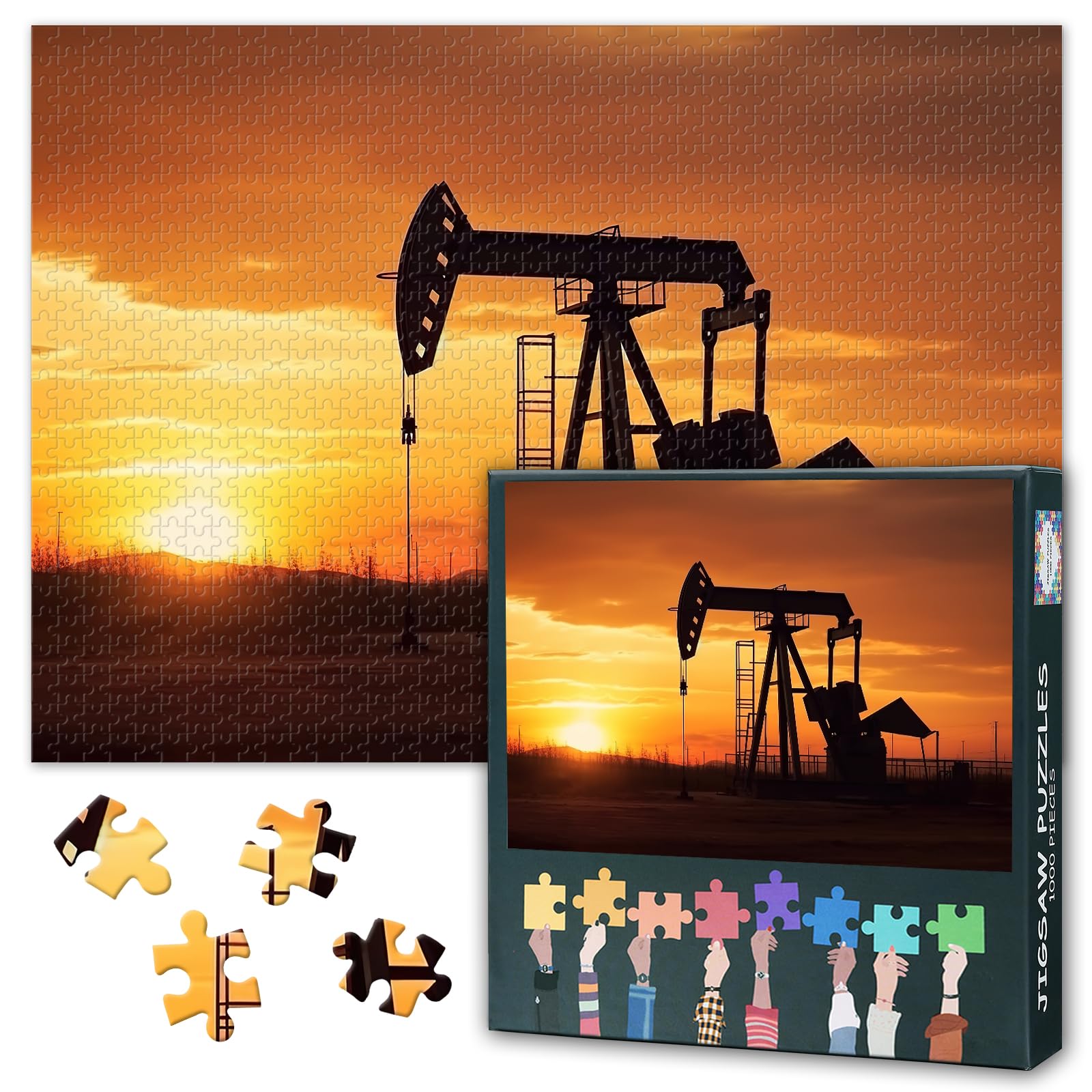Jigsaw Puzzle 1000 Piece Set for Adults Oil Pump Plant at Sunset Energy Industrial Machinery Landscape Vintage Engineering Decor 27.5x19.7 Inch