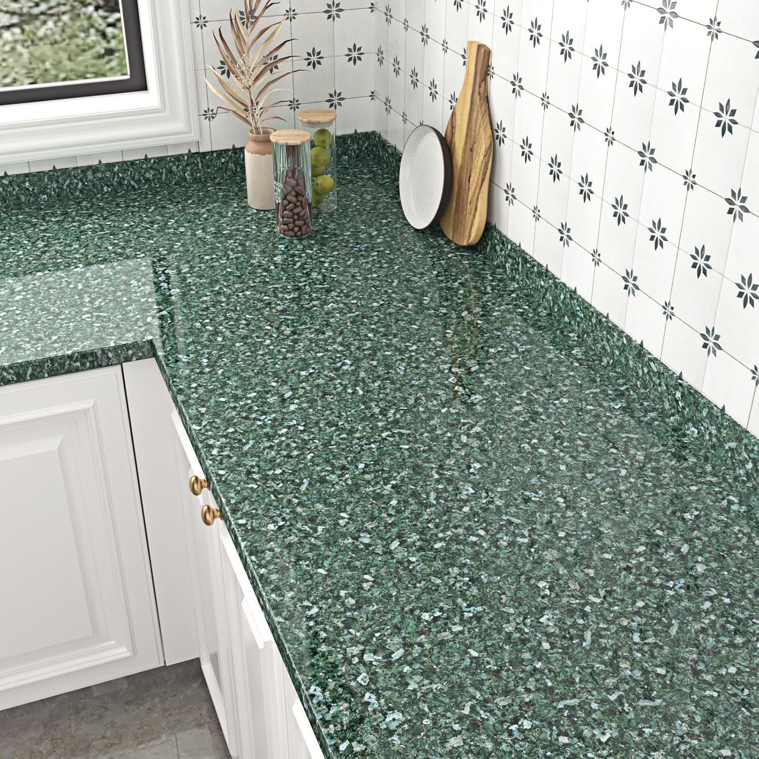 Wallercity Glossy Green Granite Contact Paper for Countertops Self Adhesive Waterproof Marble Peel and Stick Wallpaper for Kitchen Countertop Cabinets Sparkle Vinyl Wrap for Table Top 15.8''x78.7''