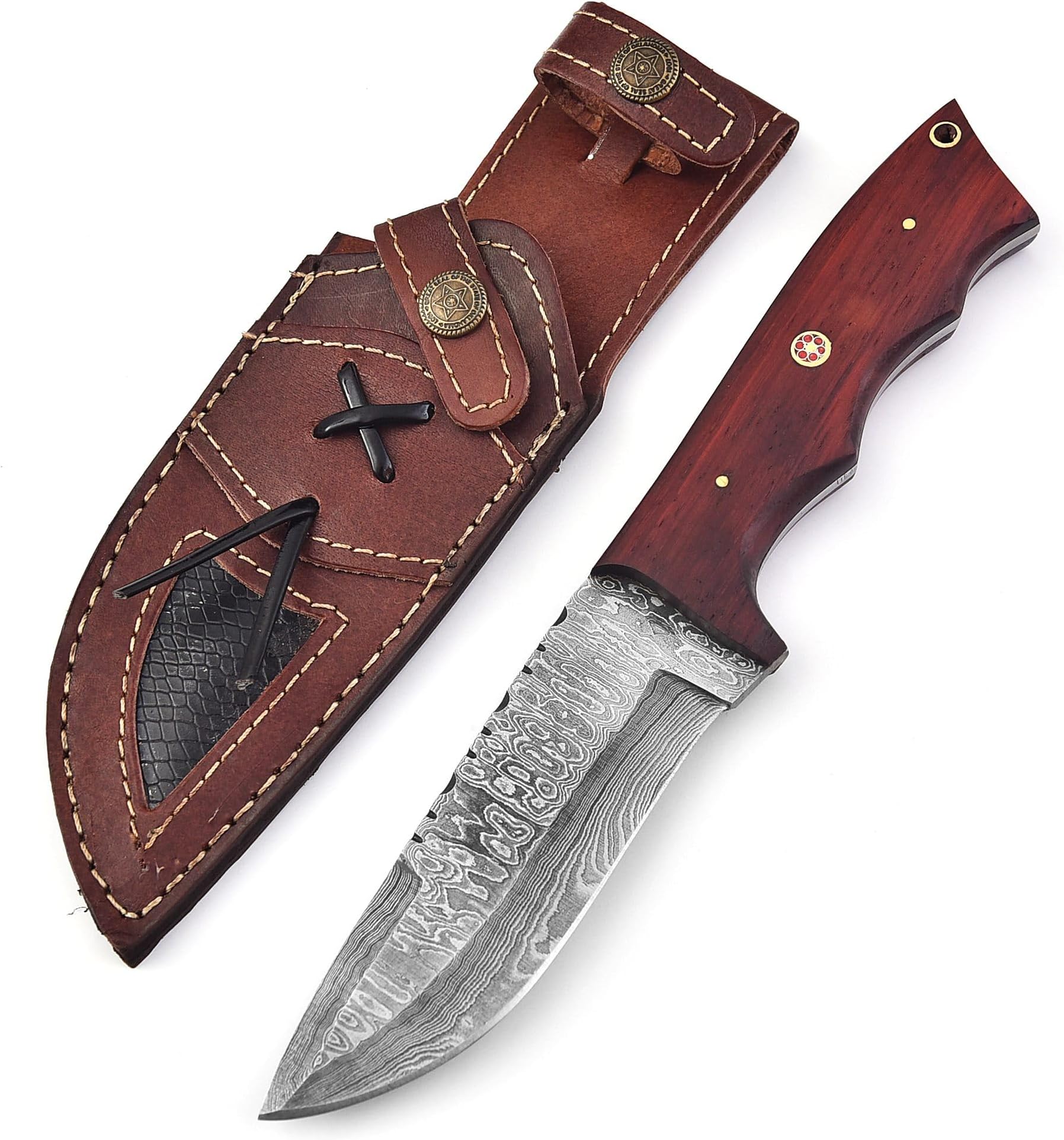 Custom Handmade Damascus Hunting Knife,10"Fixed Blade Bowie Knife with Horizontal Carry Sheath,Real Damascus Steel Knives with Red Padauk Wood Handle,EDC Full Tang Knives for men women, Adventure,Survival,Hiking,Camping,Gifts for Men Women