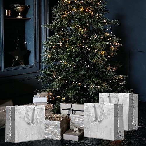 Miniatura 7 de SHIPKEY Paquete de 4 bolsas de regalo plateadas con papel de seda, 12.5 x 4.7 x 11 pulgadas, bolsas de regalo reutilizables, bolsas de regalo
