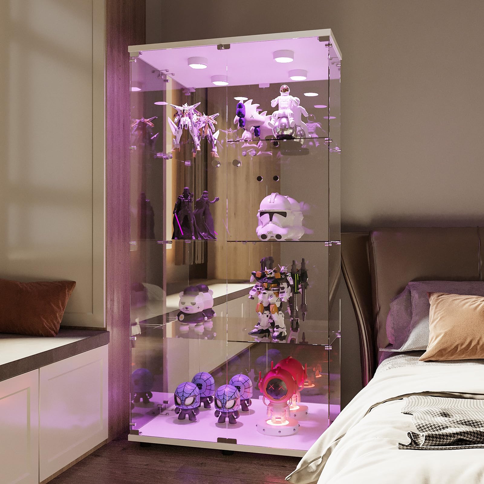 BRILVERDE Vetrina con Ripiani in Vetro, con Luci LED, Doppia Anta con Serratura, Mobile Vetrina per Collezioni, Libri, Vini, Ufficio e Soggiorno (4 Bianco Specchio LED, 164 x 80,5 x 36,5 cm)