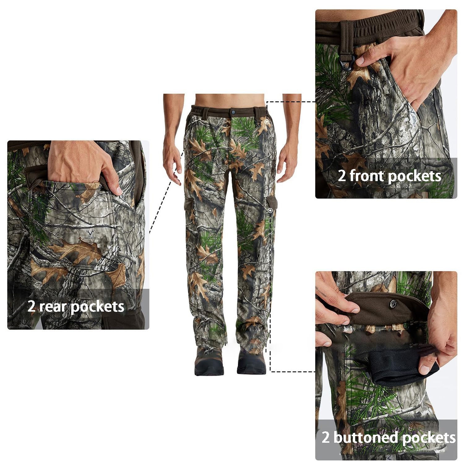 Jagdhose Herren Winter, Tarnung Jagd Wasserdicht Hosen, Lautlose Jagdhosen mit Fleec, Outdoor Hose Camouflage für Jagd Wandern Trekking Angeln