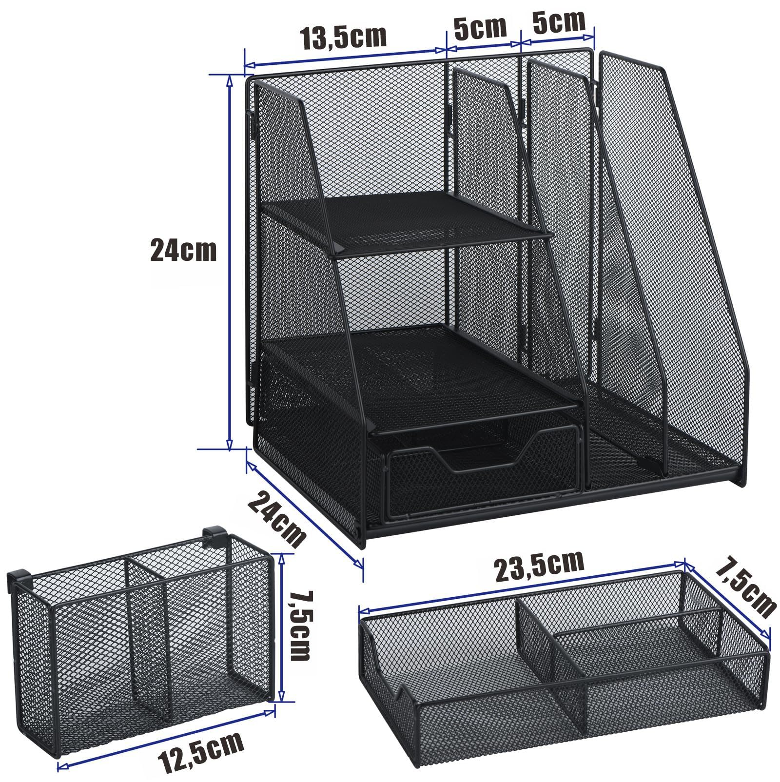 Organiseur de bureau Yungeln, Noir - Multifonctionnel & Pliable avec 2 tiroirs, porte-stylos, pour bureau & home office, porte-dossiers & rangement de documents