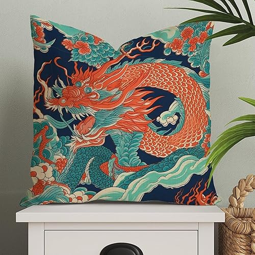 Funda de almohada estilo chino con diseño de dragón azul marino, turquesa, naranja, estilo chinoiserie, funda de cojín asiática, 26 x 26 pulgadas,