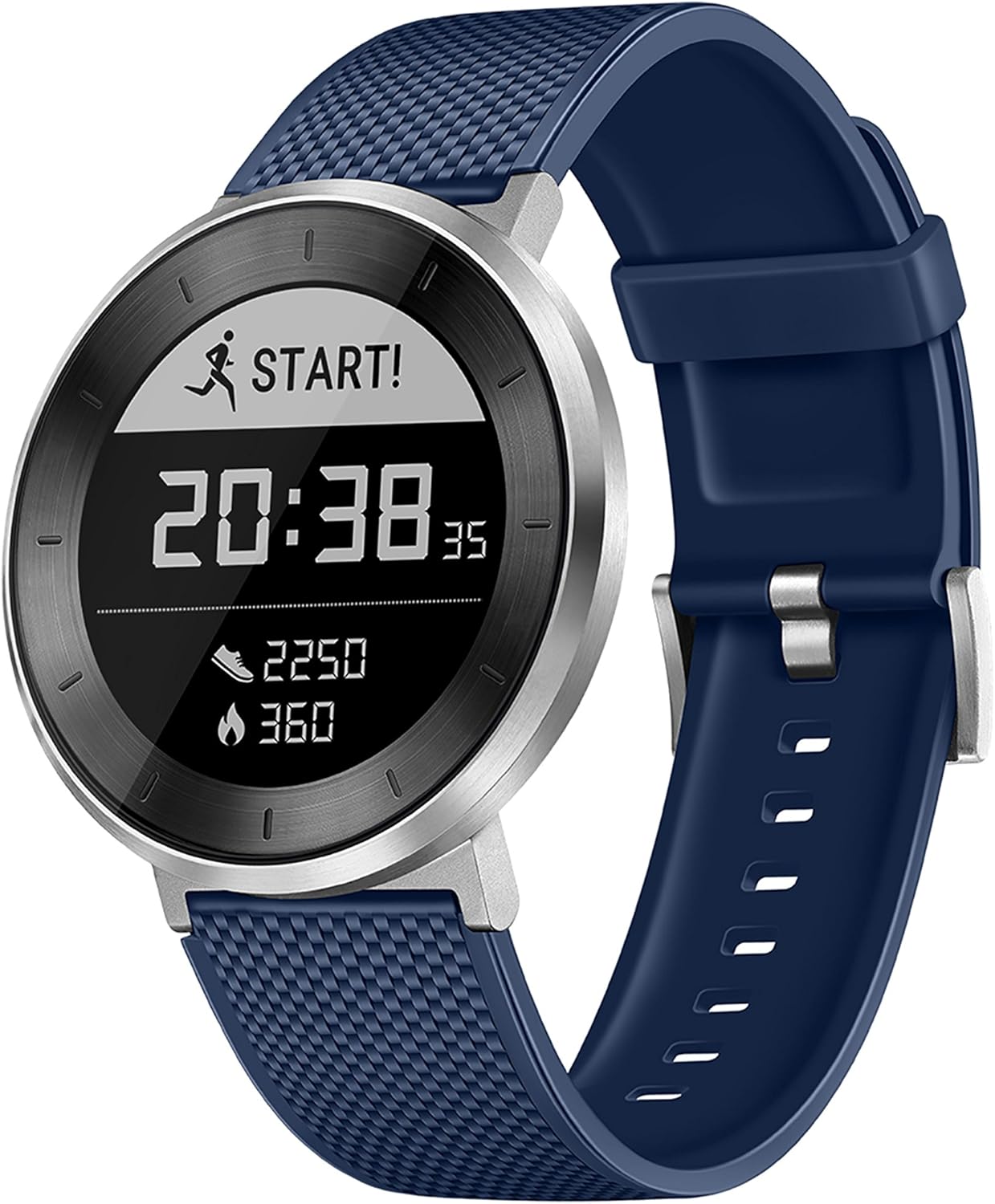 Angled view of the Huawei Fit Smart Fitness Watch, showing the blue sport band and the watch face.
