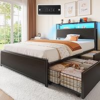 Rolanstar Twin Bed Frame with 4 Drawers, USB Charging Station, RGB LED Lights & Headboard Storage - Noise-Free Metal Platform, No Box Spring, Easy Assembly, Black