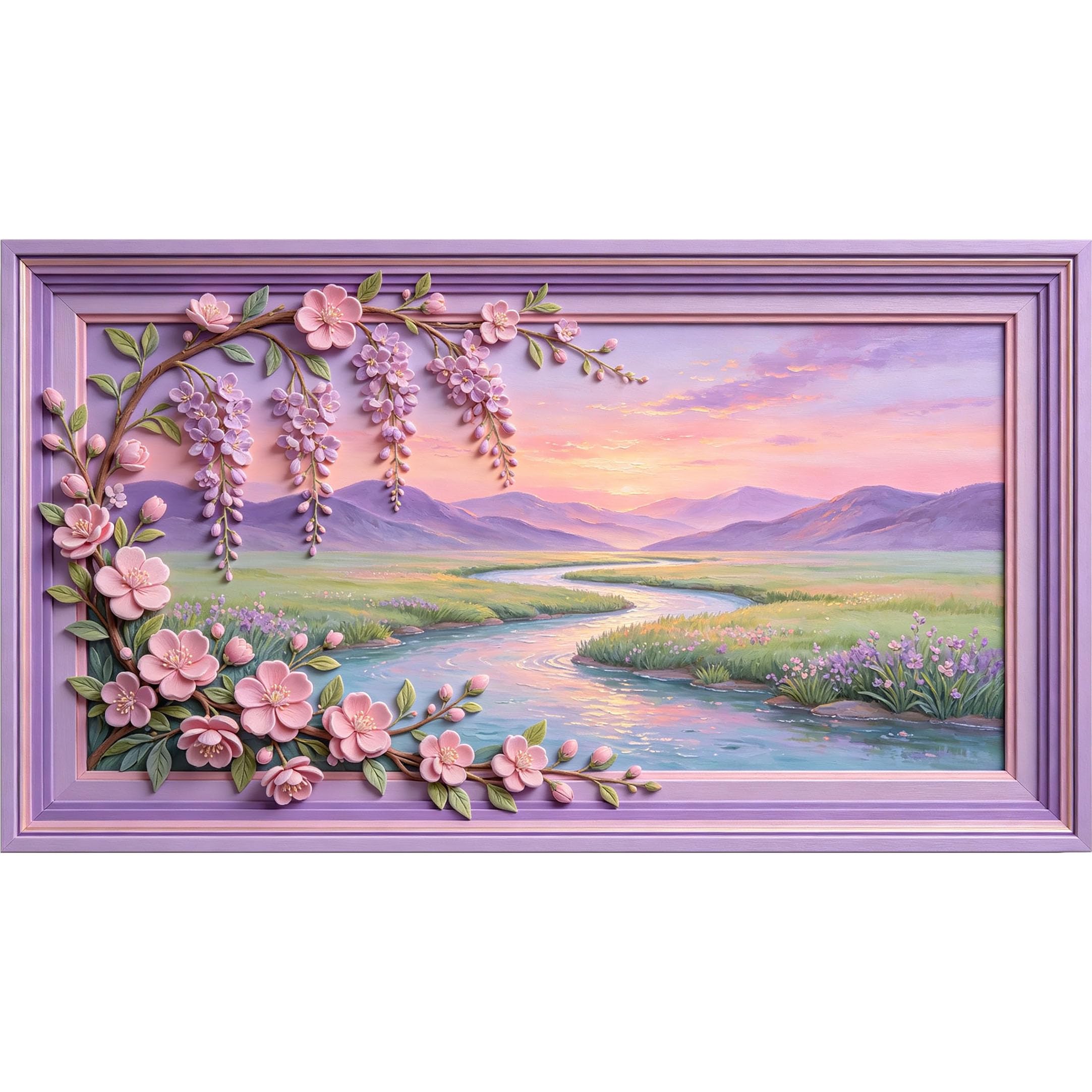 QZLITHOTIC 50×90cm3D Framed Wall Art， Wisteria Blossom Landscape River SelfActivated Mural， WaterActivated Peel & Stick Fabric Decor Wall Decal for Bedroom Living Room