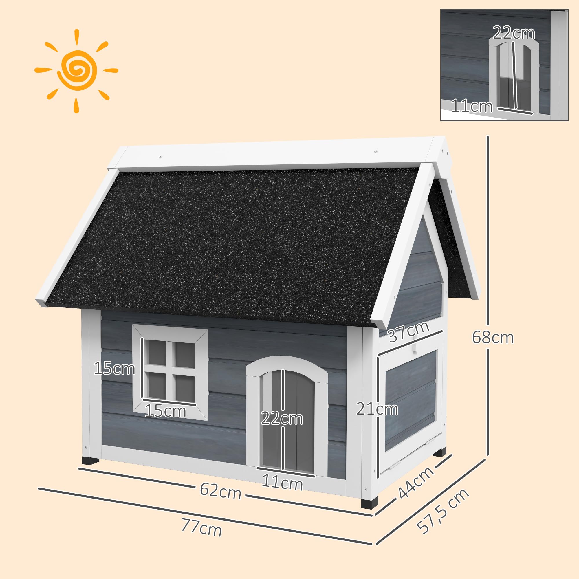 PawHut Maison pour Chat en Bois, Niche pour Chat, fenêtre en plexiglas, Porte à lamelles, Toit bitumé ouvrable et 3 Portes, Pieds en Plastique, 77 x 57,5 x 68 cm, Gris