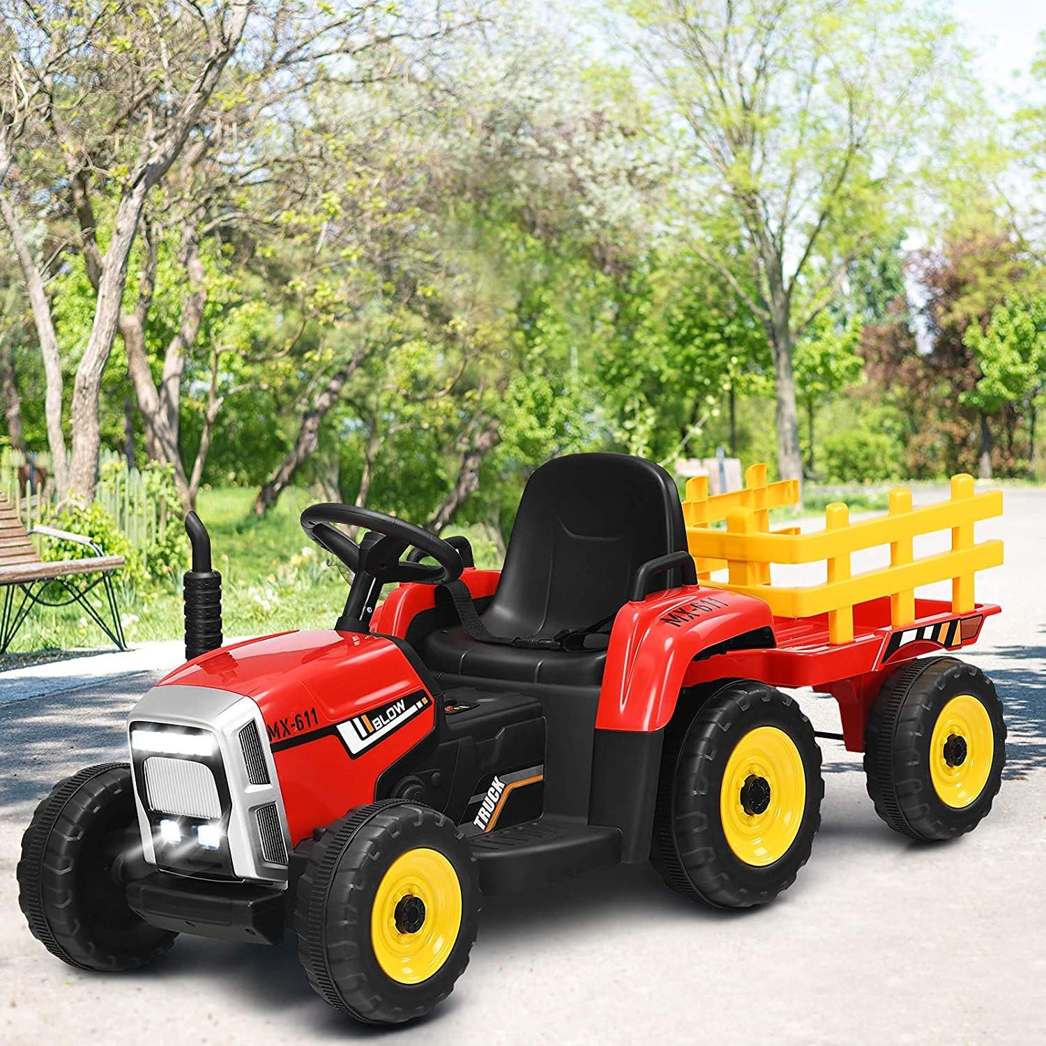 GLACER Kids Ride on Tractor with Trailer, 12V Battery Powered Electric Car w/Remote Control, 3-Gear-Shift, LED Lights, Music & USB, Ride on Toy Ground Loader (Red)