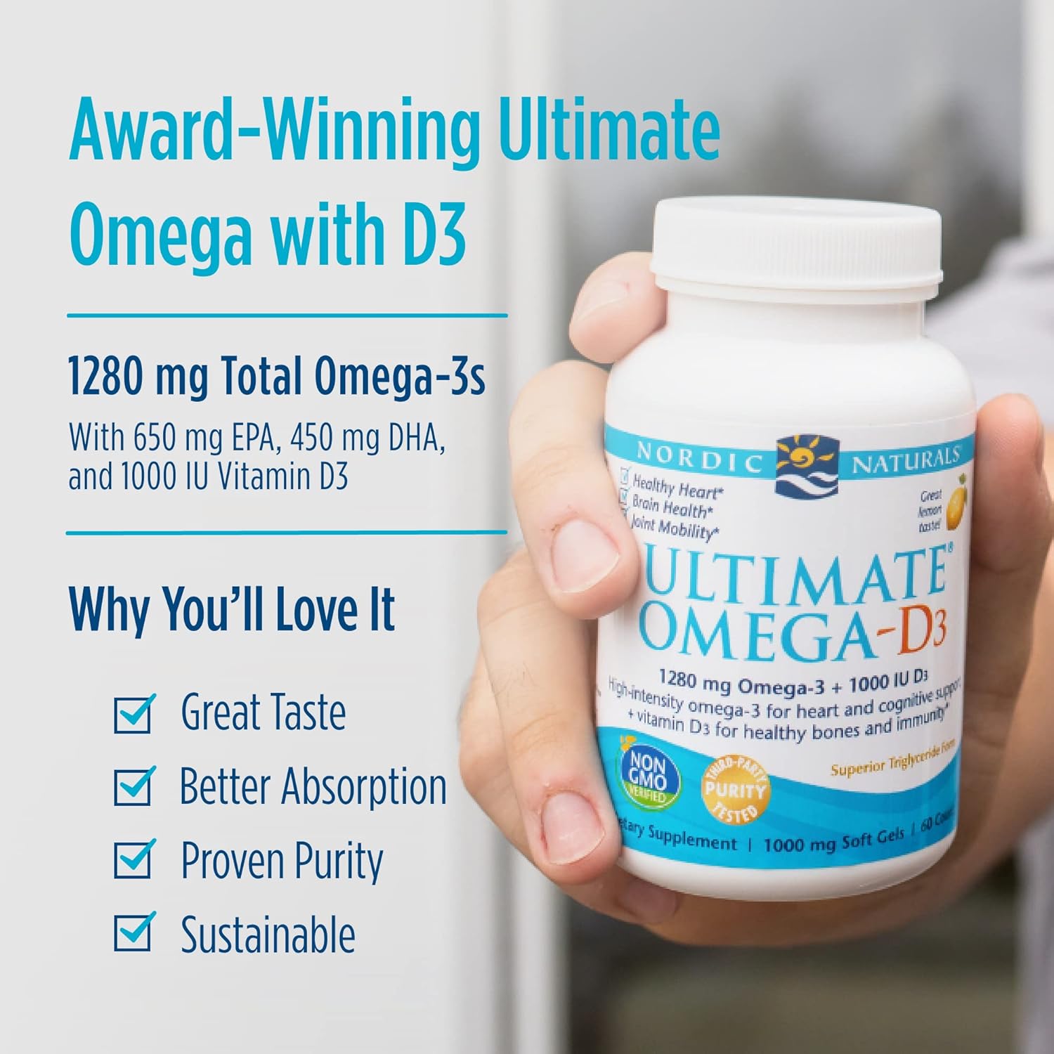 Nordic Naturals Ultimate Omega-D3, Lemon Flavor - 1280 mg Omega-3 + 1000 IU Vitamin D3-120 Soft Gels - Omega-3 Fish Oil - EPA & DHA - Promotes Brain, Heart, Joint, & Immune Health - 60 Servings : Health & Household