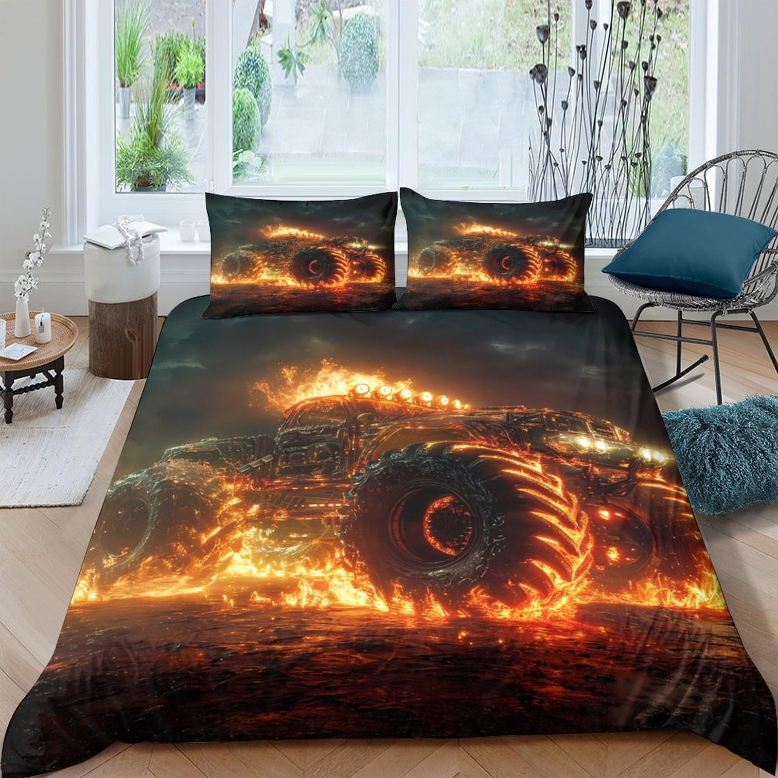 TUFRTGYHN 3D Printed Fire Monster Truck Duvet Cover Microfiber Soft Breathable Flame Bedding Set with 2 Pillowcases for Bedroom Decor Single（135x200cm）