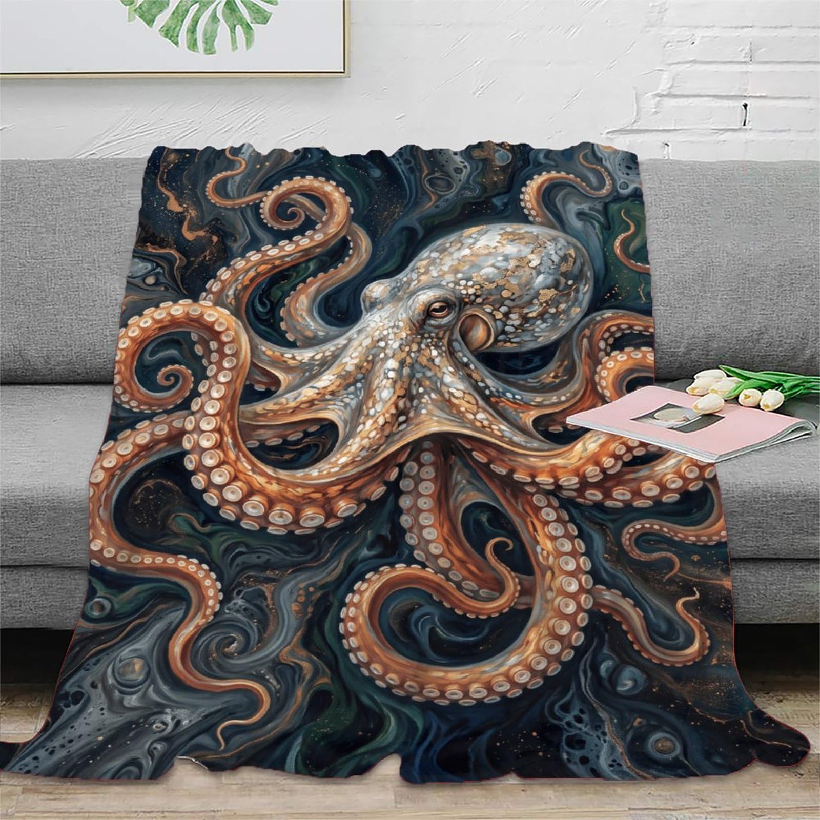W7C8U2X3 Ornate Octopus Throw Blanket, Flannel, Reading, Ocean Fantasy Art