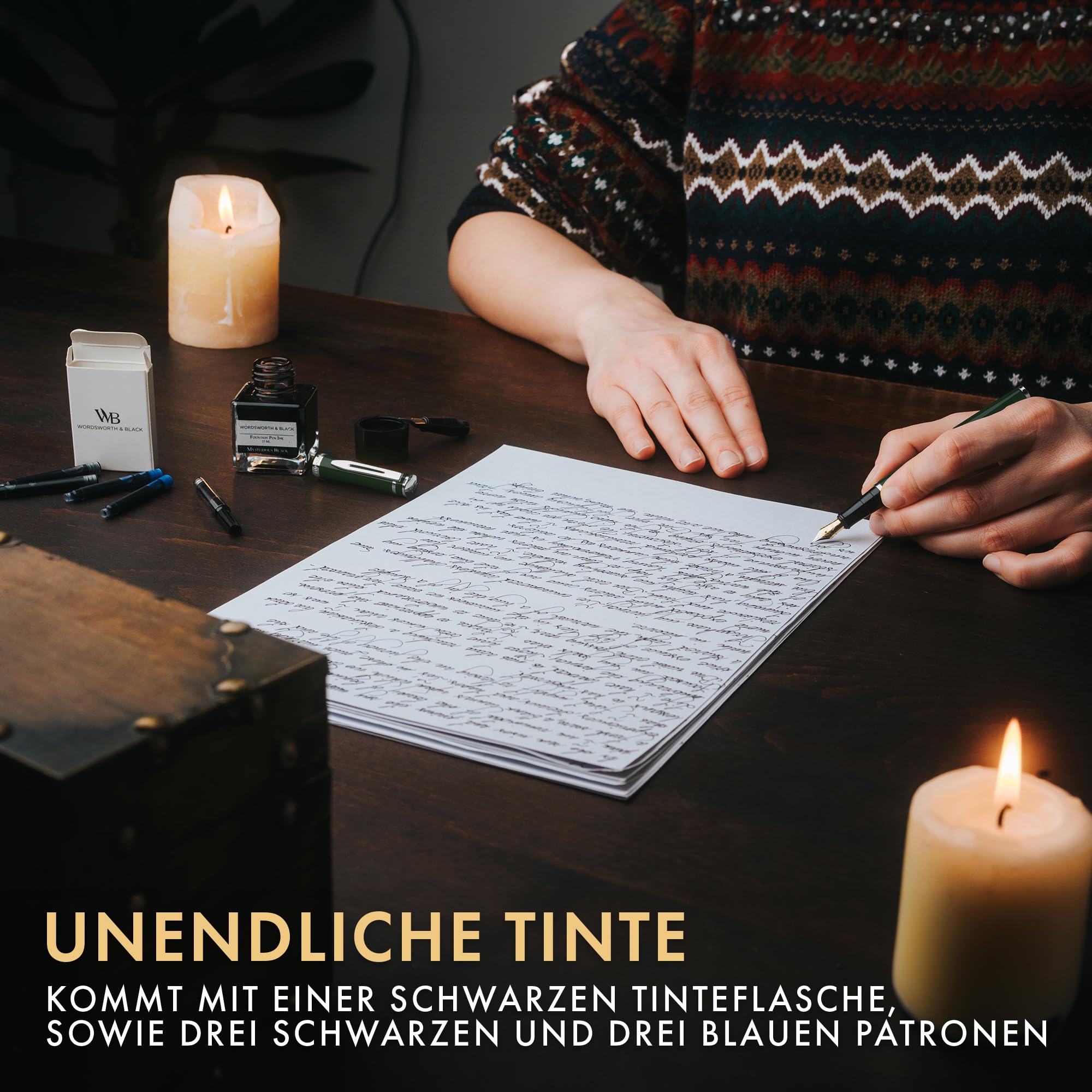 Wordsworth & Black Füller Geschenkset, Feder M & Extra Fein, Grünchrom | Füllfederhalter, Für Männer & Frauen, Messing, 18K Deutsches Iridium, Tintenfass + 6 Tintenpatronen, Konverter, Kalligraphie