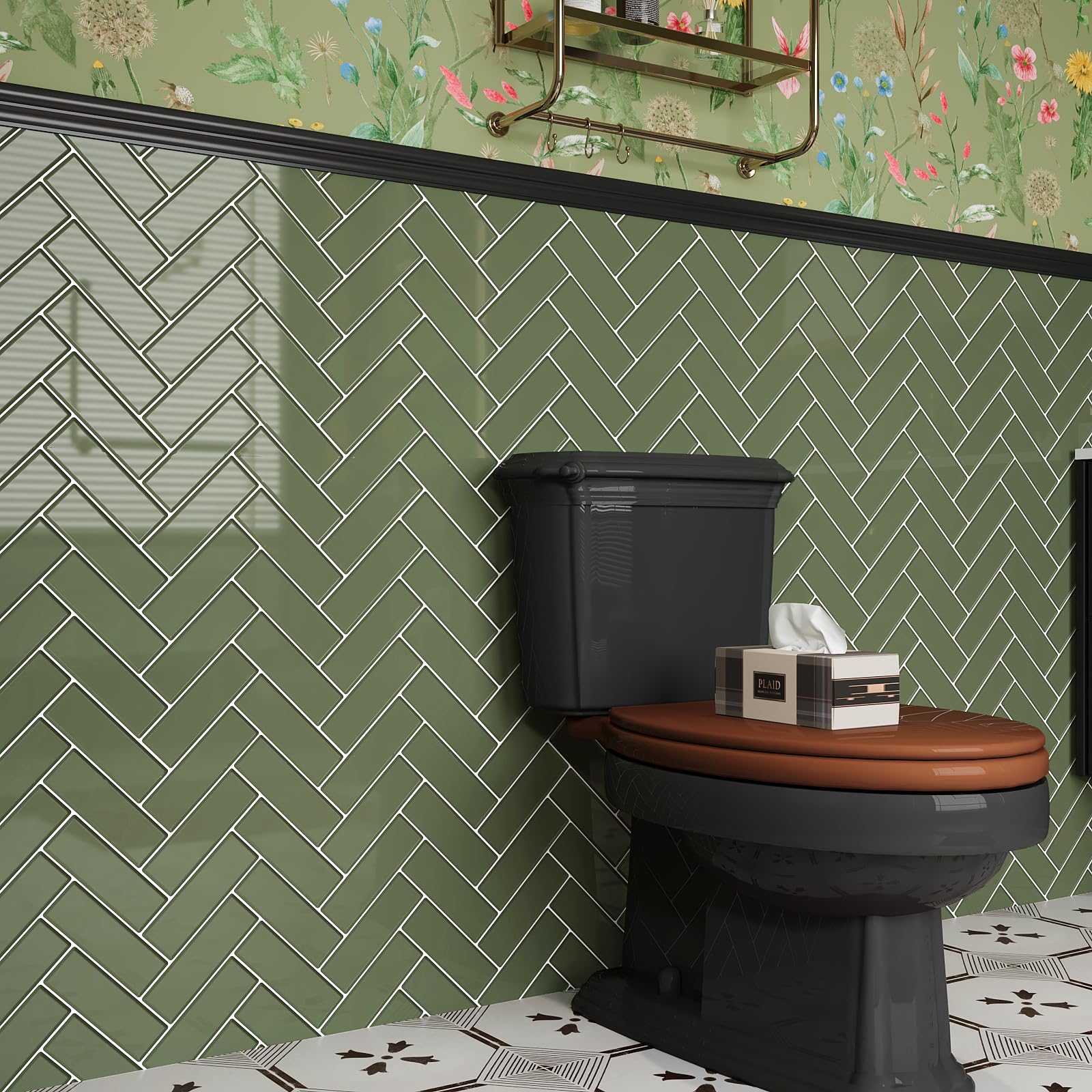 VEELIKE Olijfgroene visgraat wandtegels schil en plak backsplash voor keuken waterdichte stok op wandtegels badkamer 6 vellen pel-en-plak tegels douche muur open haard wasruimte 30,5 cm x 30,5 cm