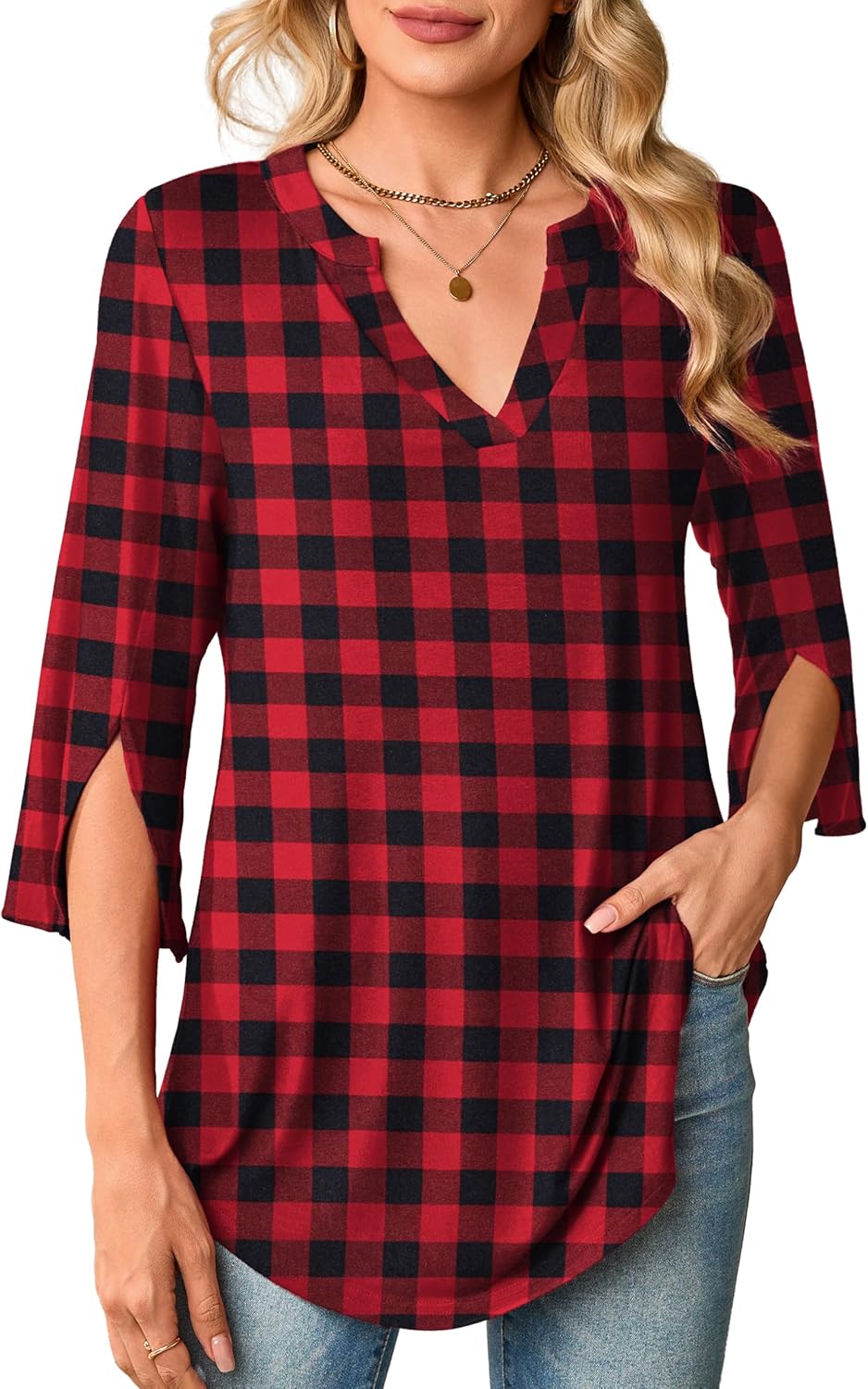 Womens Plus Size Tops 3/4 Sleeve Work Blouses Notch V Neck Tunic Tops - Image 4