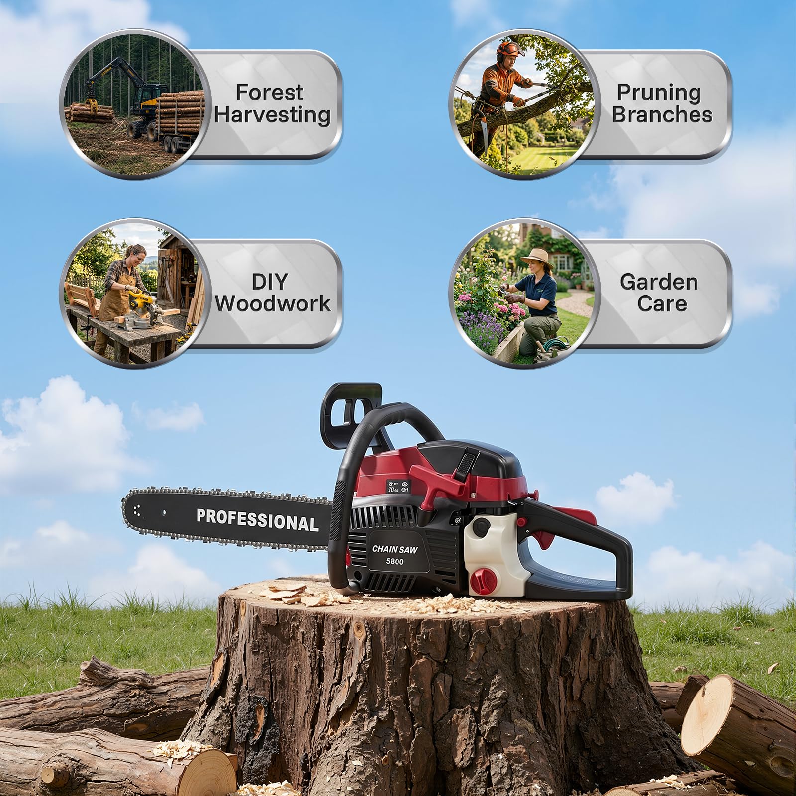 Motosierra de gasolina de desplazamiento de 58 cc, 2400 W, longitud de la cadena 50 cm, diámetro máximo de corte 50 cm, arranque de tracción automático, para cosecha de madera, jardinería y corte de