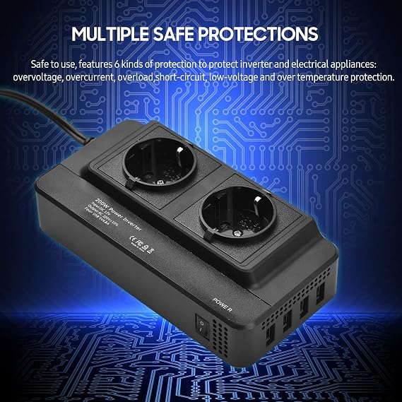 Mistaha 200W Araba Güç Çevirici DC 12V AC 220V Dönüştürücü 2 AC Çıkışlı 4 USB Bağlantı Noktası Açma/Kapatma Anahtarı Koruma Telefon Dizüstü Bilgisayar için Taşınabilir Araç Şarj Adaptörü Elektrik