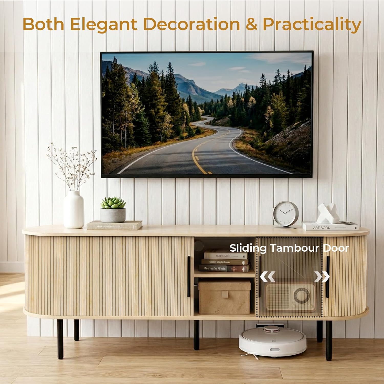 The Karl home TV stand with a television mounted above it, showcasing the sliding tambour doors. One door is partially open, revealing storage space.