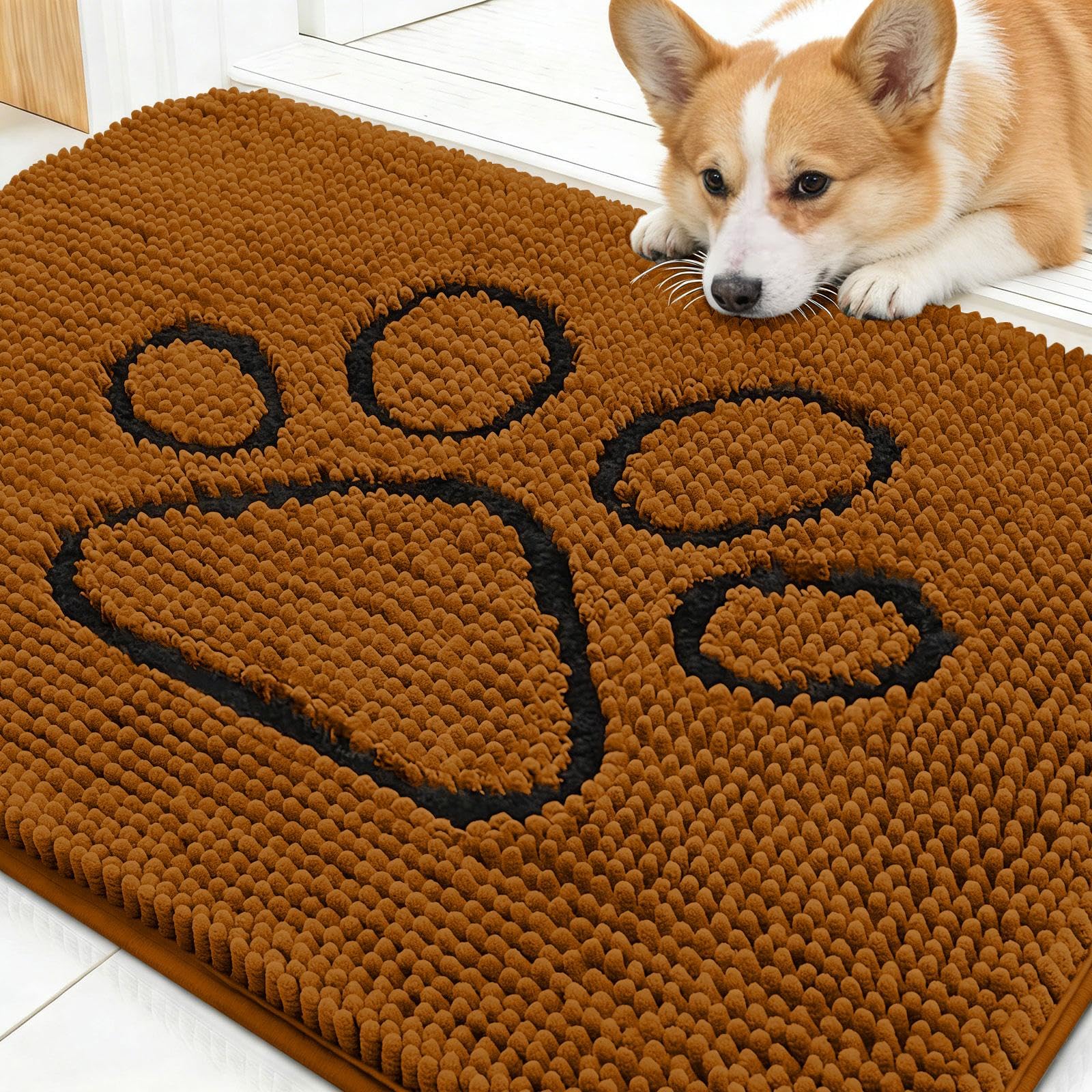 OLANLY Dog Door Mat for Muddy Paws 30x20, Paw Print Design Chenille Mud Mat