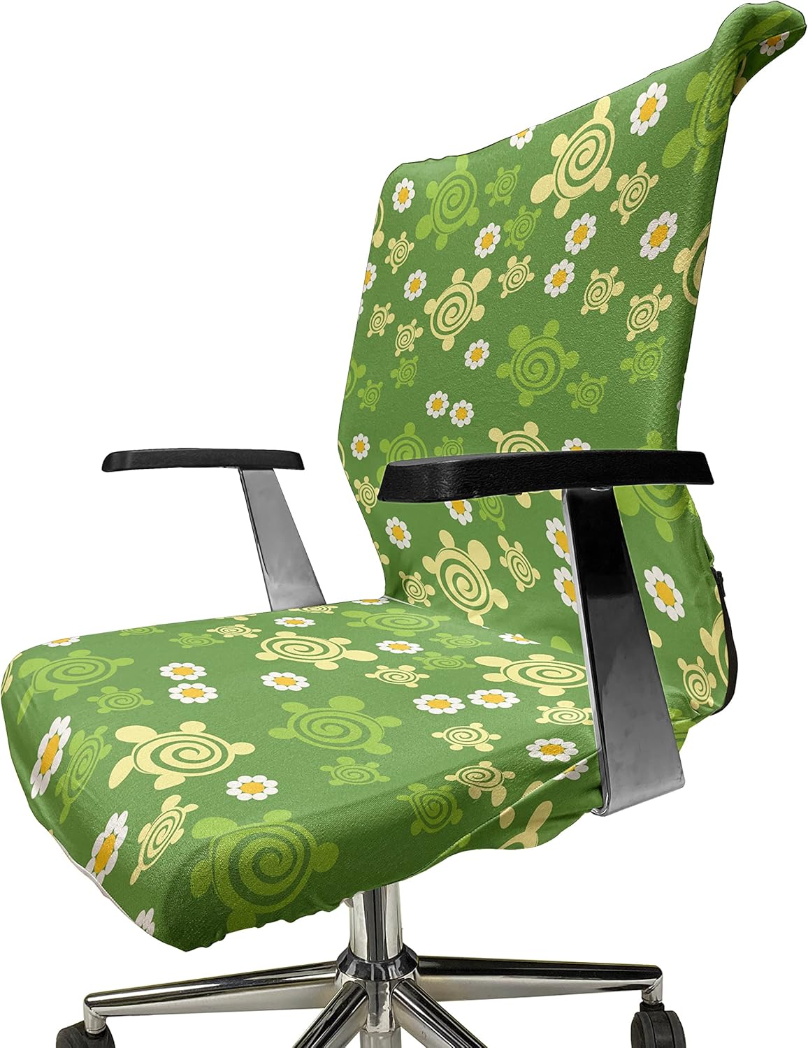 Ambesonne Turtle Office Chair Cover, Spring Revival Inspiration Chamomile Illustration and Vortex Flower Design, Stretchable Decorative Universal Size High Back Printed Slipcover, Yellow Green