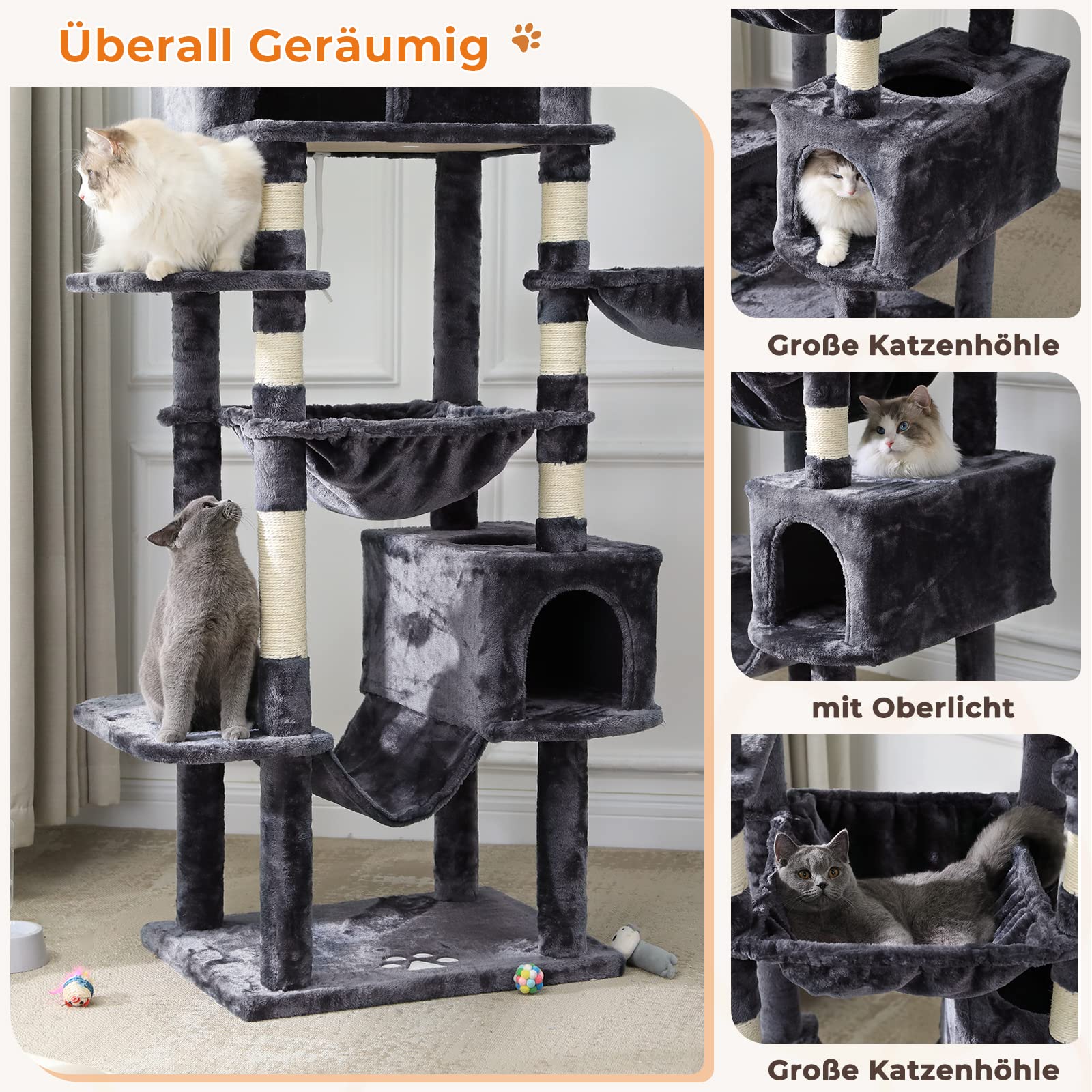 MSmask Rascador grande de 193 cm de alto, XXL, para gatos grandes, estable, con 2 cuevas, 2 plataformas, hamaca, árbol para gatos con varios niveles, rascador para gatos