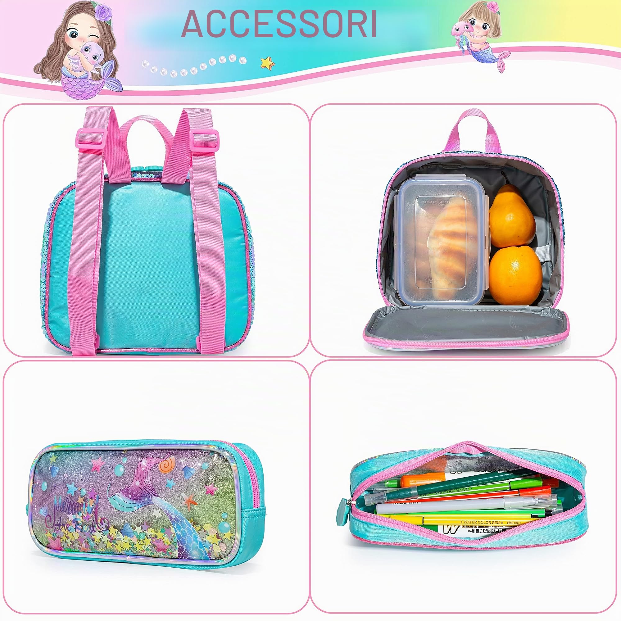Zaino per Ragazze Trolley, Set di 3 pezzi, Zaino con Ruote, Borsa Pranzo e Astuccio per Scuola Elementare e Media, per Bambini da 5 a 12 Anni