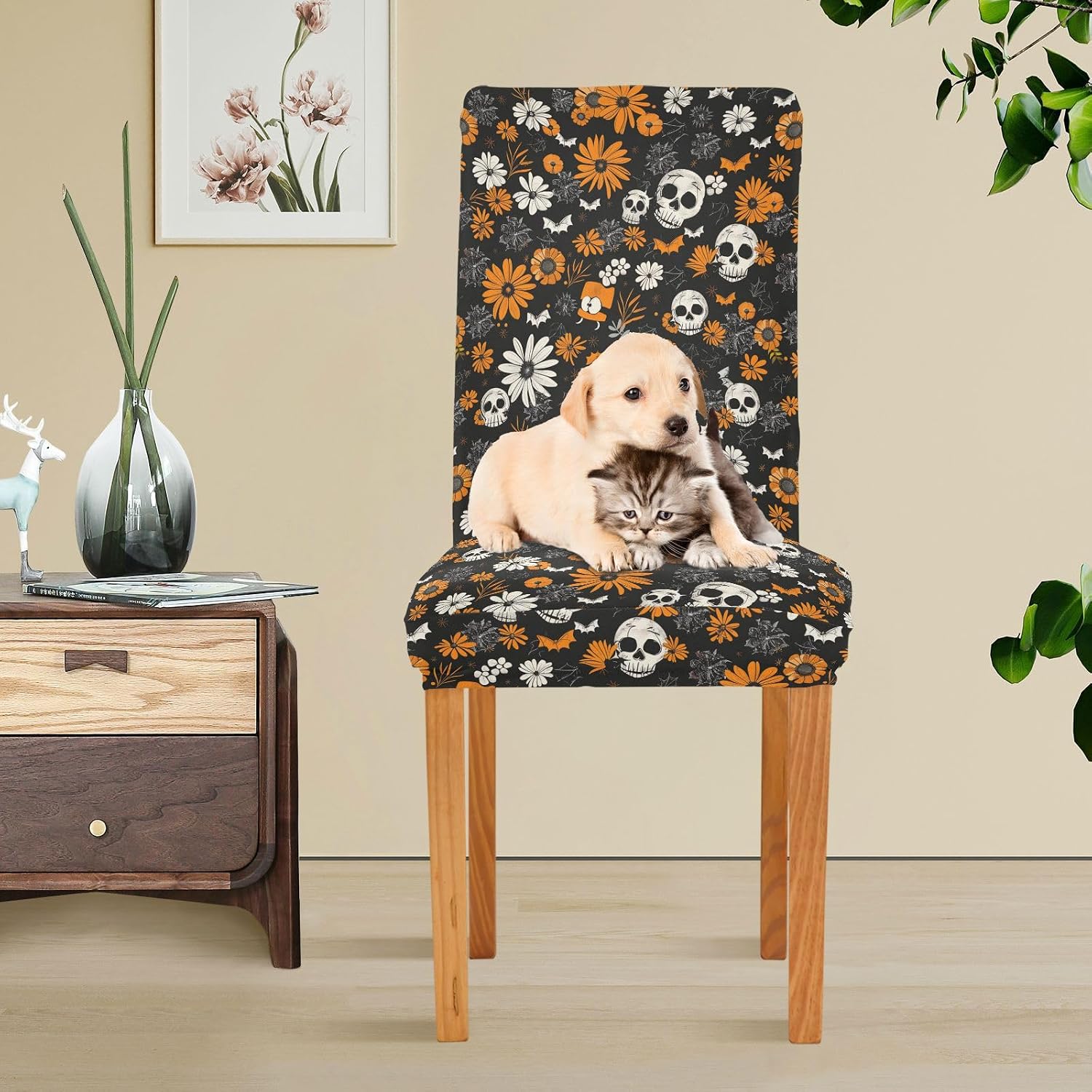 Chair seat Cover Set of 4 Removable Large Recliner Chair Covers for Party Pet Protection（4PCS Flowers with Halloween Decorations Elements）